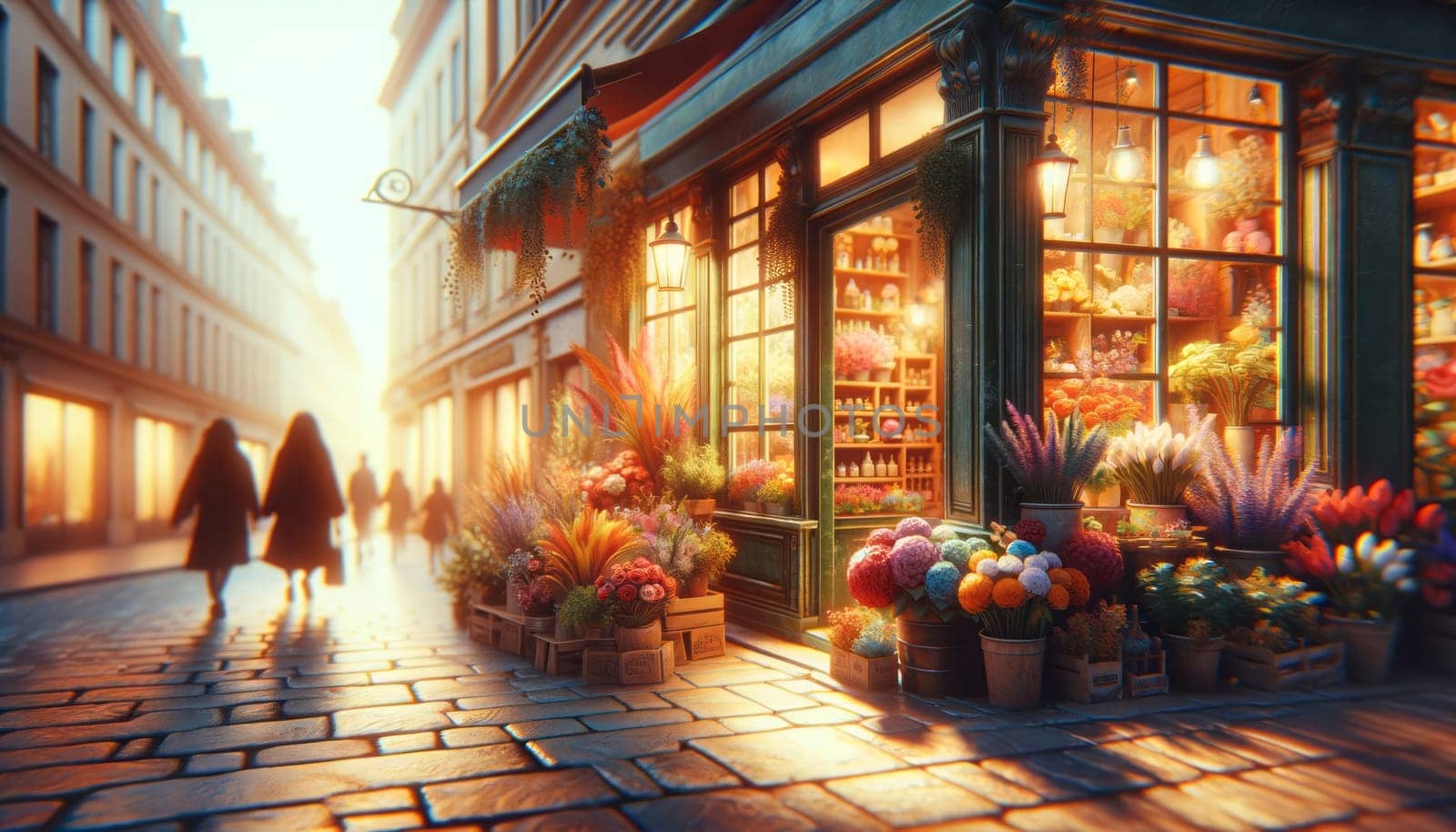 A wide digital illustration of a cozy street scene with a flower shop. The shop is filled with an abundance of flowers in various colors, displayed in vases and containers, giving a vibrant and inviting look. The warm lighting from the shop spills out onto the sidewalk, where people are walking by, blurred to give a sense of motion and life. The focus is on the flower shop, creating a picturesque and romantic atmosphere typical of a quaint European city. The soft, golden hour light bathes the scene, enhancing the warm and tranquil mood of the setting.
