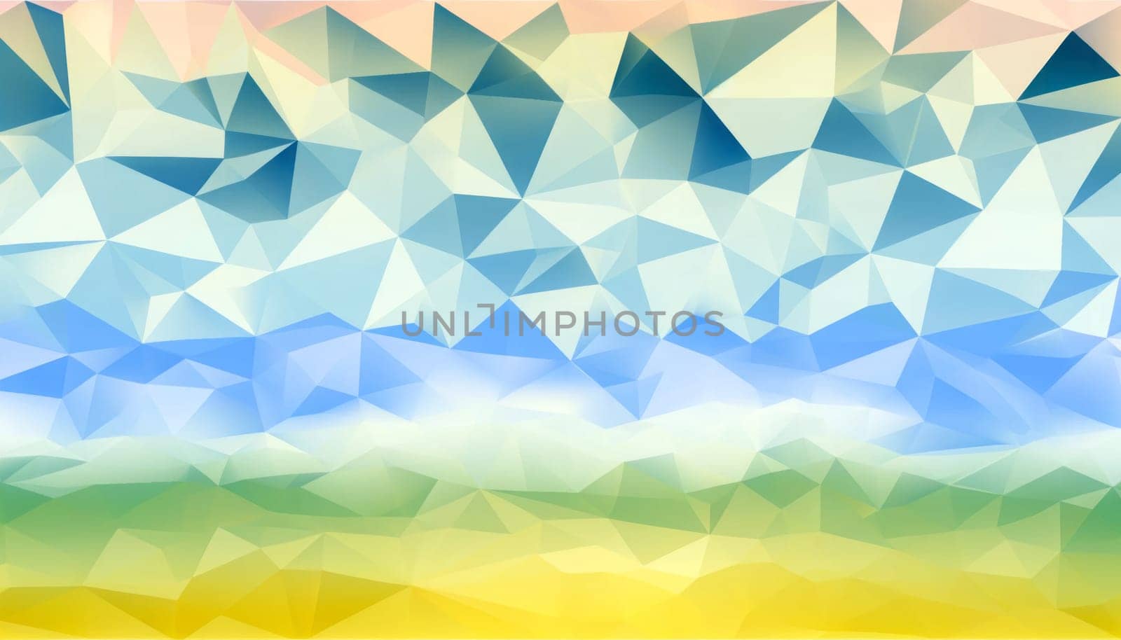 A wide digital illustration of an abstract low poly background. The image consists of a multitude of geometric shapes forming a crystalline pattern. It features a gradient of pastel colors ranging from cool blues at the bottom to warm hues of yellow and orange at the top, mimicking a landscape or sky at sunrise. The low poly shapes have a subtle transparency that gives the image a layered, ethereal feel, with a soft light diffusing throughout the composition.