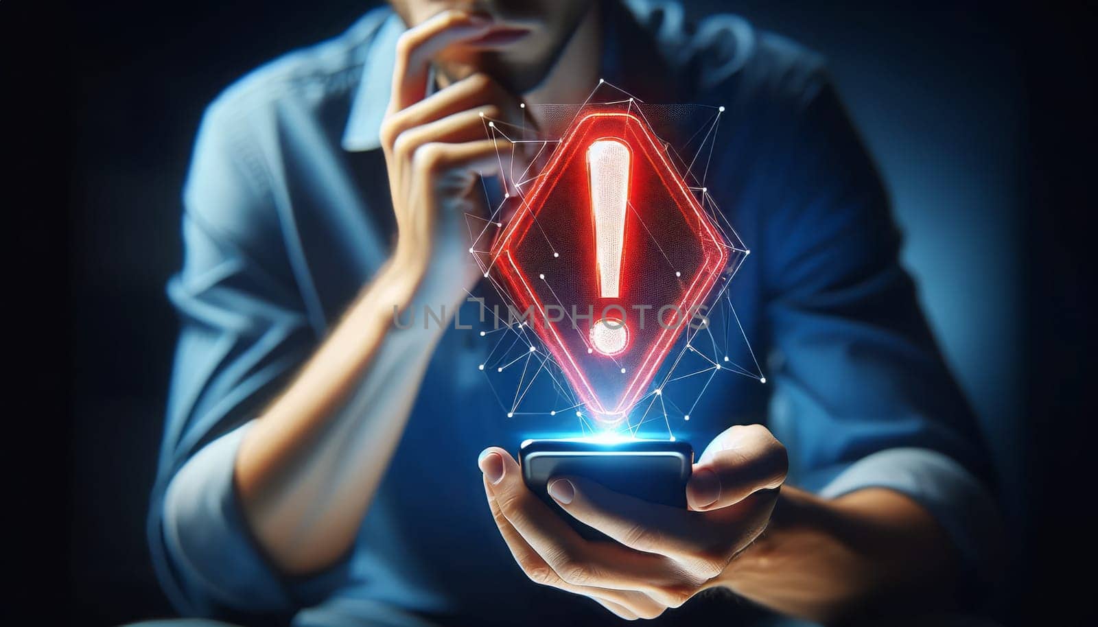 A man holds a smartphone displaying a glowing red exclamation mark, symbolizing a critical alert or an urgent security warning in a digital space