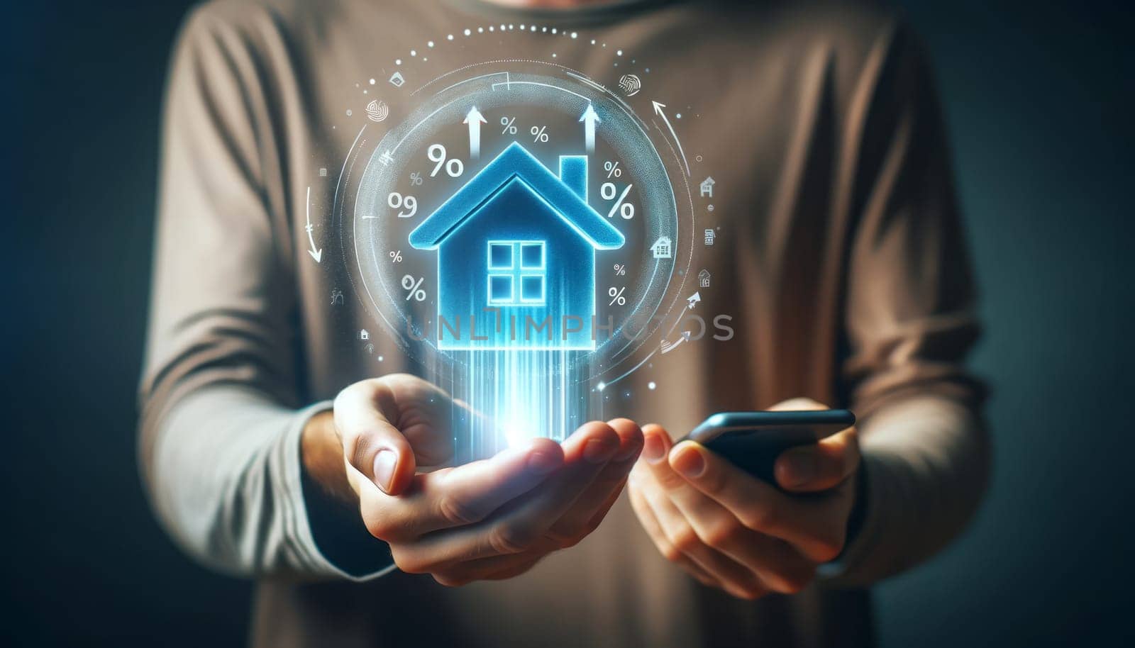 A digital illustration of a person's hand holding an open palm upward with a blue holographic house icon floating above it. The house has a window in the center, and there are white upward arrows and percentage signs around it, indicating a concept of rising home rates or investment growth in real estate. The person is holding a smartphone in the other hand and is wearing a light brown shirt. The background is out of focus with soft lighting, placing emphasis on the hand, the holographic house icon, and the smartphone.