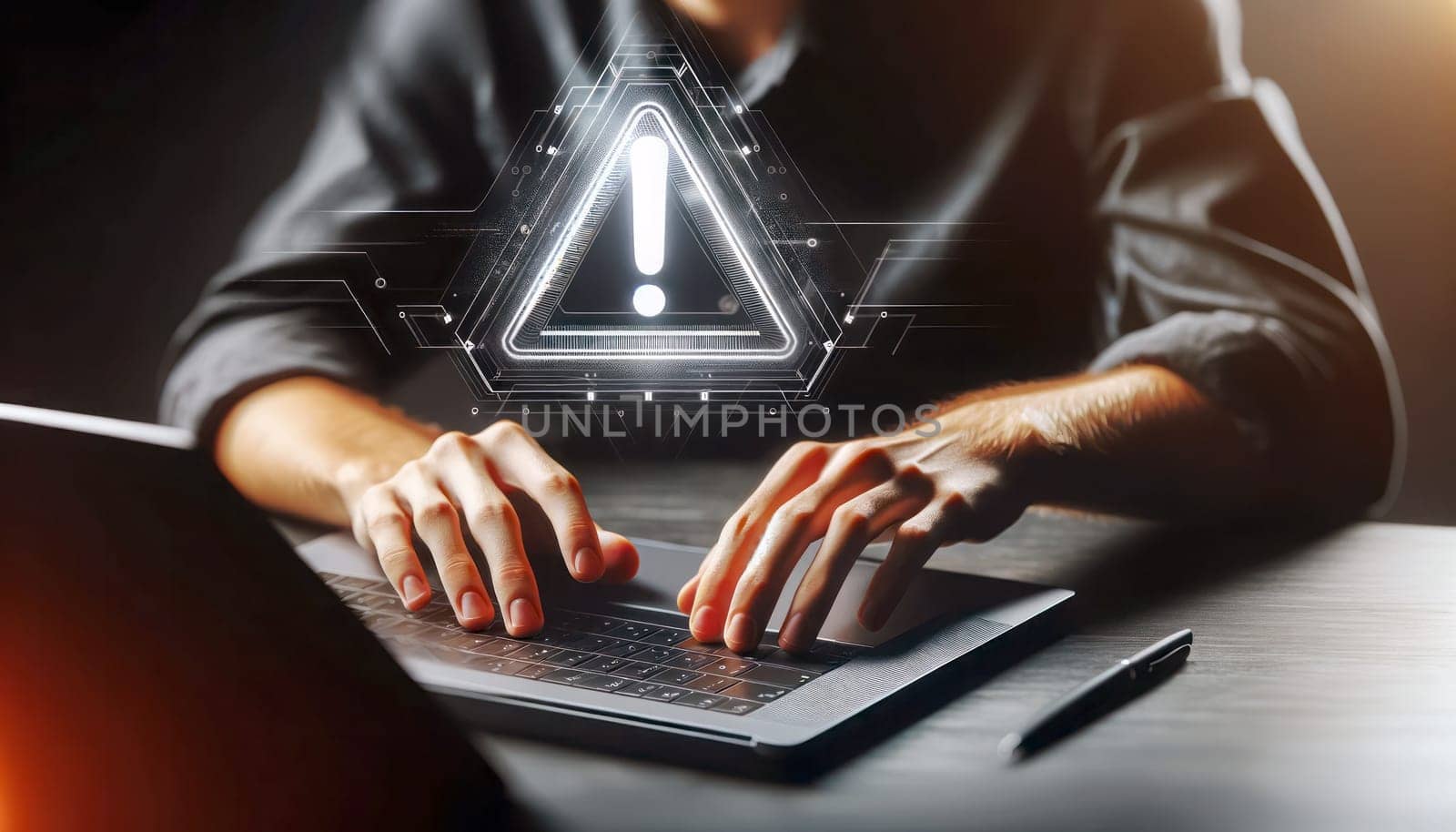 A digital illustration of a person's hands typing on a laptop keyboard. The person is wearing a dark, collared shirt. The laptop is modern and sleek with a black color scheme. A graphical overlay of a white exclamation mark inside a triangle is floating above the laptop, suggesting an alert or warning sign. The image is taken from a side perspective, focusing on the hands and the laptop in a dark room with a soft focus background.