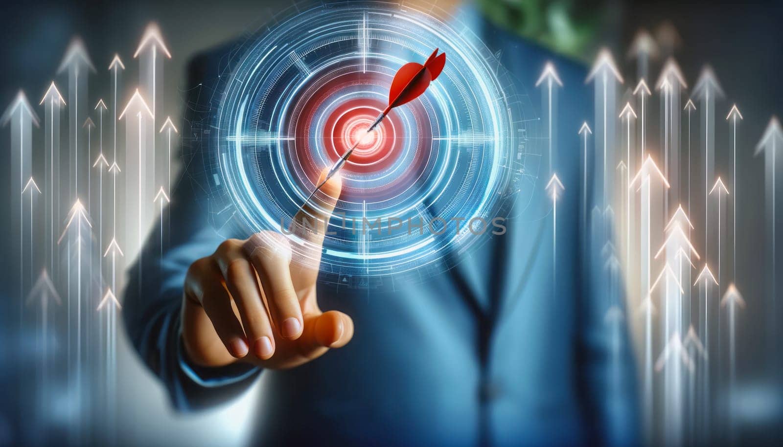 A digital illustration of a person in a blue suit interacting with a futuristic, translucent interface with a large target in the center and a red dart hitting the bullseye. Around the target, there are translucent white arrows pointing upwards, symbolizing growth or success. The person is shown from the waist up and is out of focus, with their finger touching the center of the target, on a blurred background.