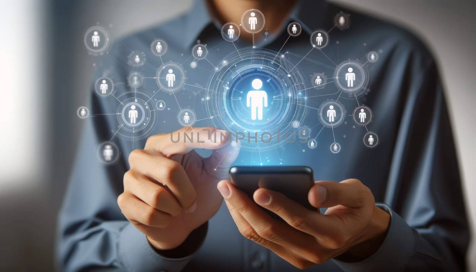 A person uses a smartphone, which projects a network of connected human icons, symbolizing the expansion of social networking through advanced technology