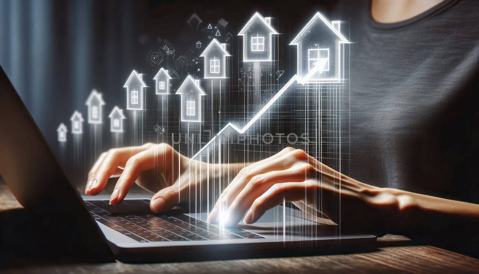 A digital illustration of a person's hands interacting with a laptop keyboard, with translucent graphic icons of houses and an upward trend line floating above, symbolizing real estate growth or property investment. The house icons increase in size from left to right, representing a growth concept. The background is dark, with a soft focus on the hands and the laptop to accentuate the floating graphics. The person's face is not visible, maintaining the focus on the real estate growth imagery.