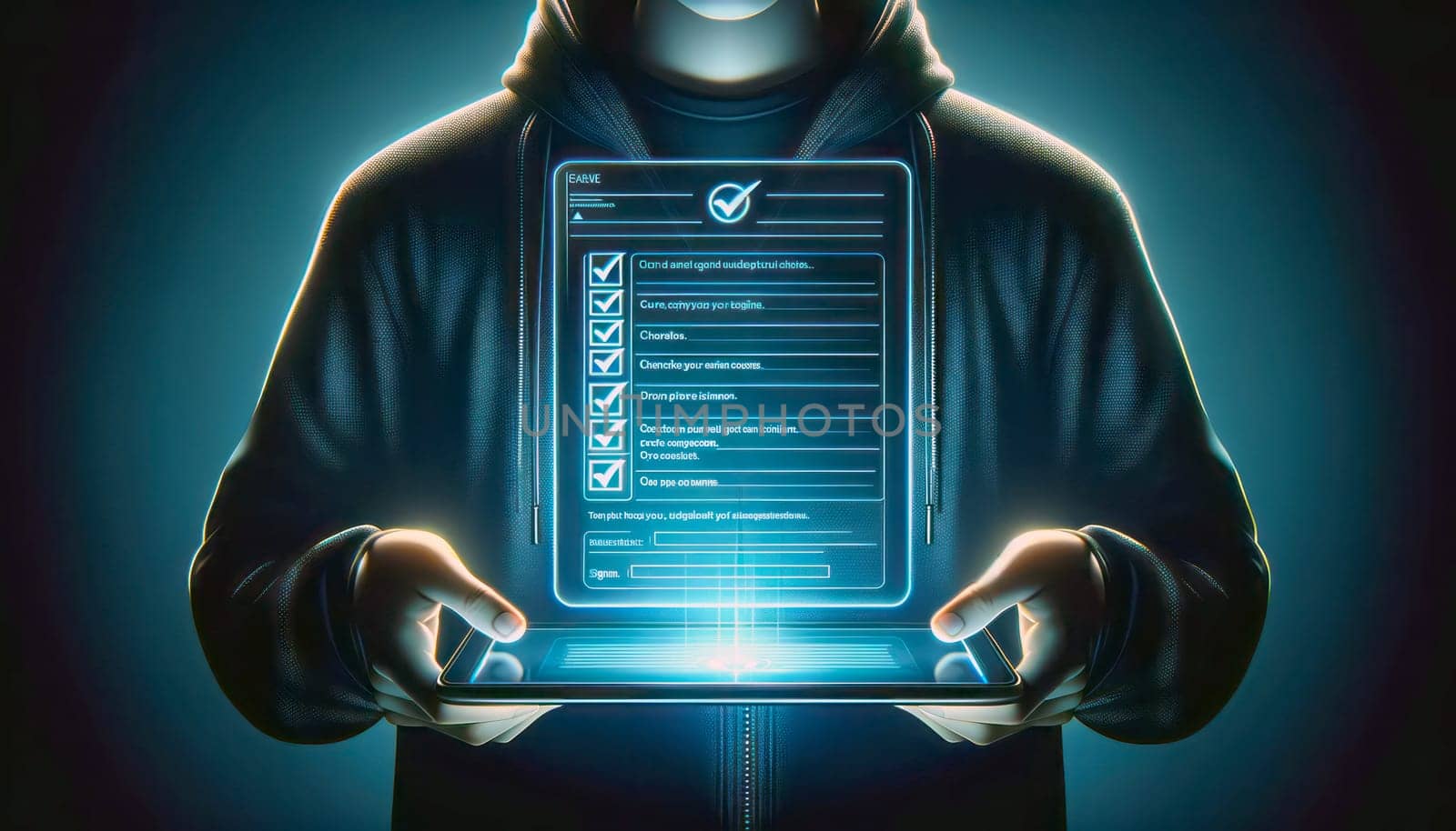 A digital illustration of a person in a dark outfit holding a tablet with a screen displaying a checklist interface. The screen shows three checked checkboxes on the left and lines for text on the right, with a line at the bottom labeled 'Signature'. The tablet is the main focus, with a glowing blue interface that stands out against the dark background. The person's hands are visible holding the tablet, but their face is not in the frame, emphasizing the electronic document on the display.