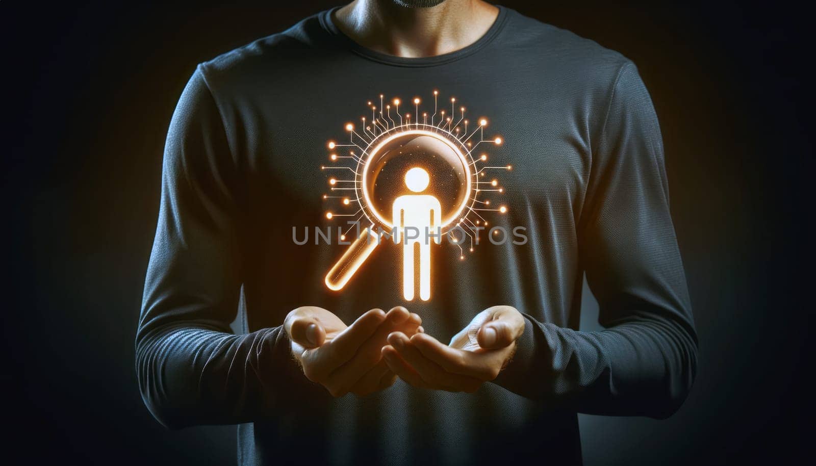 A digital illustration of a person in a dark gray shirt with their palm open, holding a glowing graphic of the letters 'HR' with a magnifying glass positioned over the 'R', inside which is a stylized figure of a person. The letters and the magnifying glass symbolize human resources and recruitment. The background is dark, focusing the viewer's attention on the glowing graphic and the hand gesture. The person's face is not visible in the frame, which emphasizes the symbolic representation of HR in the image.