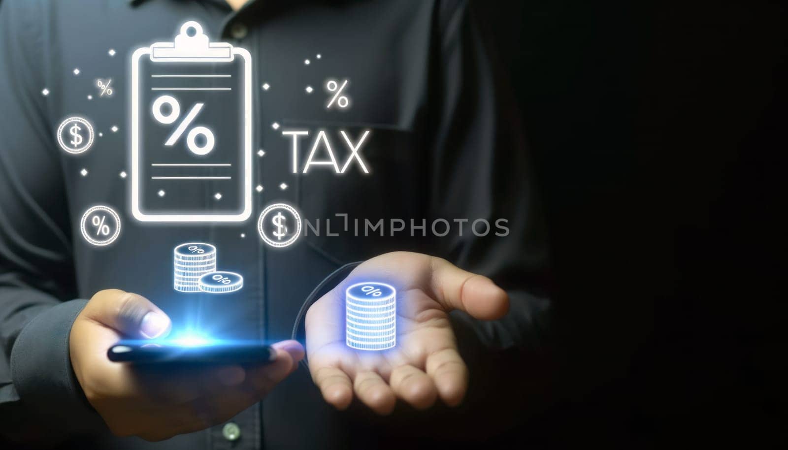 A digital composite image of a person in a dark shirt using a smartphone with a glowing holographic icon of a clipboard labeled 'TAX' above their open palm. Alongside the clipboard are coins and a percentage sign, symbolizing financial obligations related to taxation. The image conveys a concept of tax calculation or financial management, with a dark background and a soft focus on the hand, smartphone, and holographic elements.