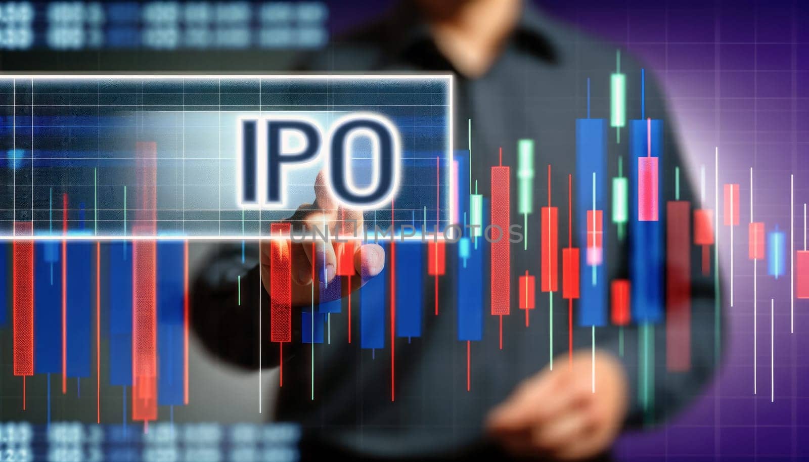 A digital composite image featuring a person in a dark blue shirt interacting with a virtual interface. The interface displays the letters 'IPO' in a white, translucent box, with a backdrop of stock market candlestick charts in varying shades of red and blue, signifying market trends and initial public offerings. The overall setting suggests a focus on financial analysis and investment, with a blurred background to emphasize the graphical data and interaction.