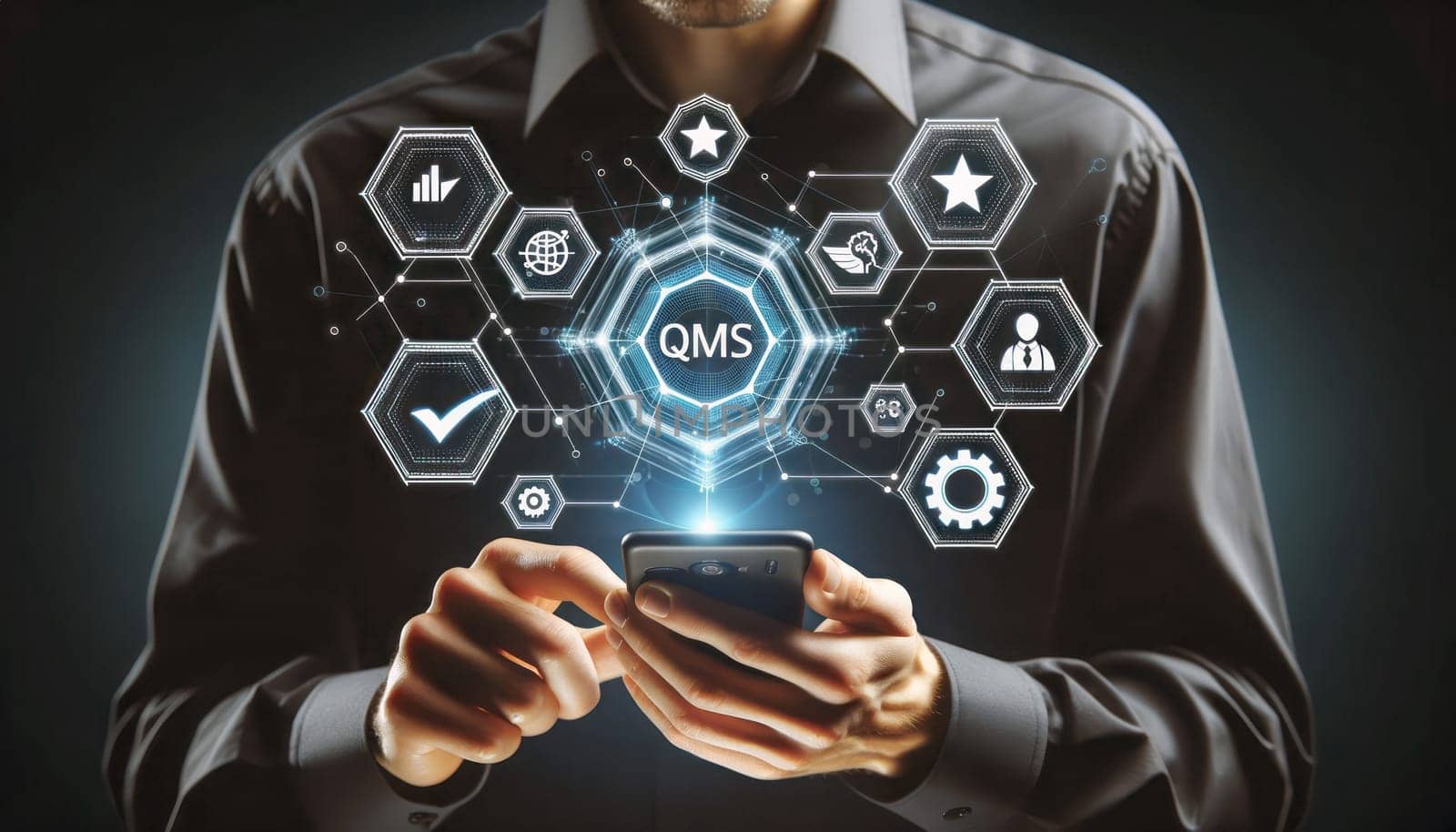 A digital composite image of a person in a dark shirt using a smartphone with a holographic overlay of hexagonal icons connected by lines. The central hexagon is illuminated in blue and labeled 'QMS', surrounded by other icons representing a star rating, a team, gears, and a quality assurance badge, symbolizing different aspects of a Quality Management System. The background is dark with a shallow depth of field to focus on the hands, phone, and the holographic elements.