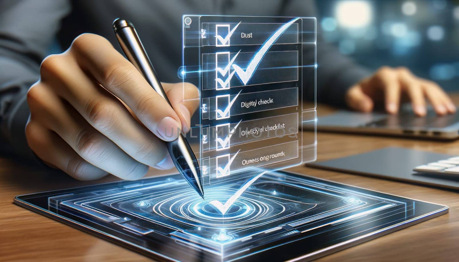 A digital photograph of a person's hand using a stylus to interact with a translucent digital checklist displayed in a holographic interface. The checklist items are marked with glowing check marks. The image has a modern, tech-savvy look with a color palette consisting of blues and whites, indicating a cool and sleek technological atmosphere. The hand is visible from the wrist up, and the background is a blurred office environment with a visible laptop.