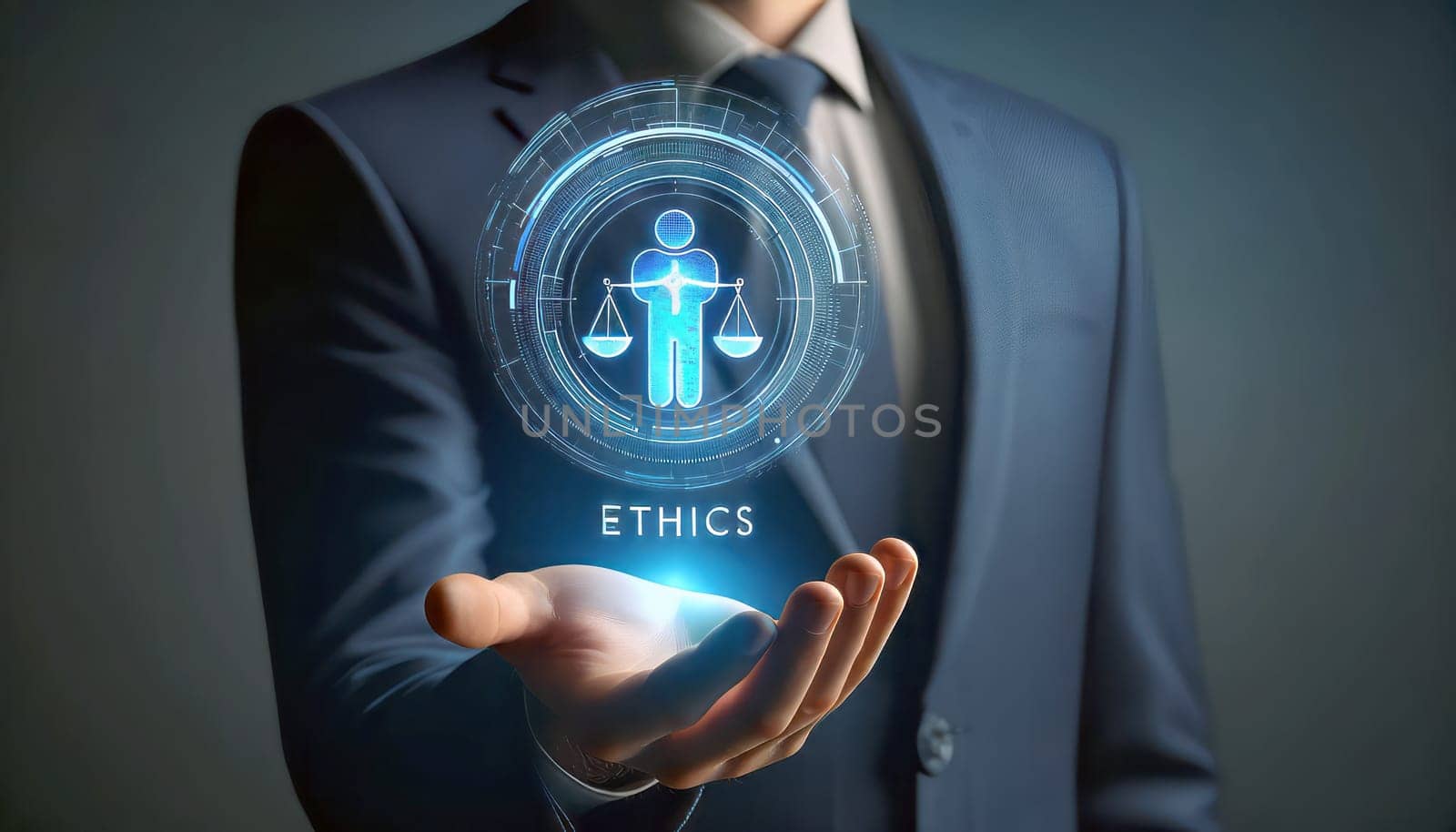 A digital illustration of a hand presenting a virtual interface with the word 'ETHICS' encircled and an icon of a person with balanced scales above it, symbolizing justice. The interface glows with a soft blue light and appears to be floating above the hand. The person's attire is formal, featuring a dark blue business suit and a white shirt with cufflinks. The background is a neutral gray, subtly contrasting with the blue hues of the holographic display. The color scheme of the image is composed of cool tones, with the blue holographic display providing a bright focal point against the muted background and the dark suit.