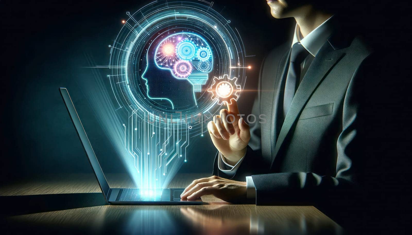 A digital illustration of a person in business attire interacting with a futuristic holographic interface. The interface displays a glowing, neon-like brain connected to a gear symbol, representing artificial intelligence or machine learning. The person is not directly visible, only their hand is shown gesturing towards the holographic display. The hologram is the focal point and it emits a soft glow that illuminates the person's hand and reflects off the laptop in the foreground. The color palette is dark with the hologram providing bright neon contrasts. The overall tone is sleek and modern, suggesting advanced technology in a corporate or research setting.