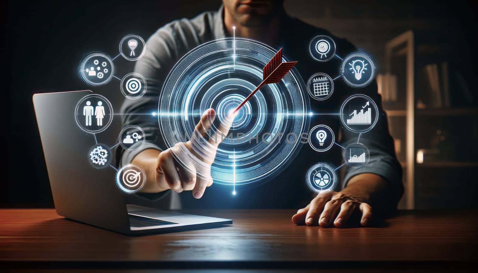 A digital marketing concept image. A person is in a dimly lit office environment, interacting with a translucent, futuristic touchscreen floating above a laptop. The primary focus is a large target icon with a red arrow hitting the bullseye, symbolizing goal achievement. Surrounding this main icon are smaller, neatly arranged icons representing team collaboration, analytics, partnership handshake, calendar scheduling, growth chart, and a light bulb for ideas. The icons glow in white and blue against the dark background. The person's attire is casual, and their finger is touching the target icon, suggesting interactivity and achievement in a business context.