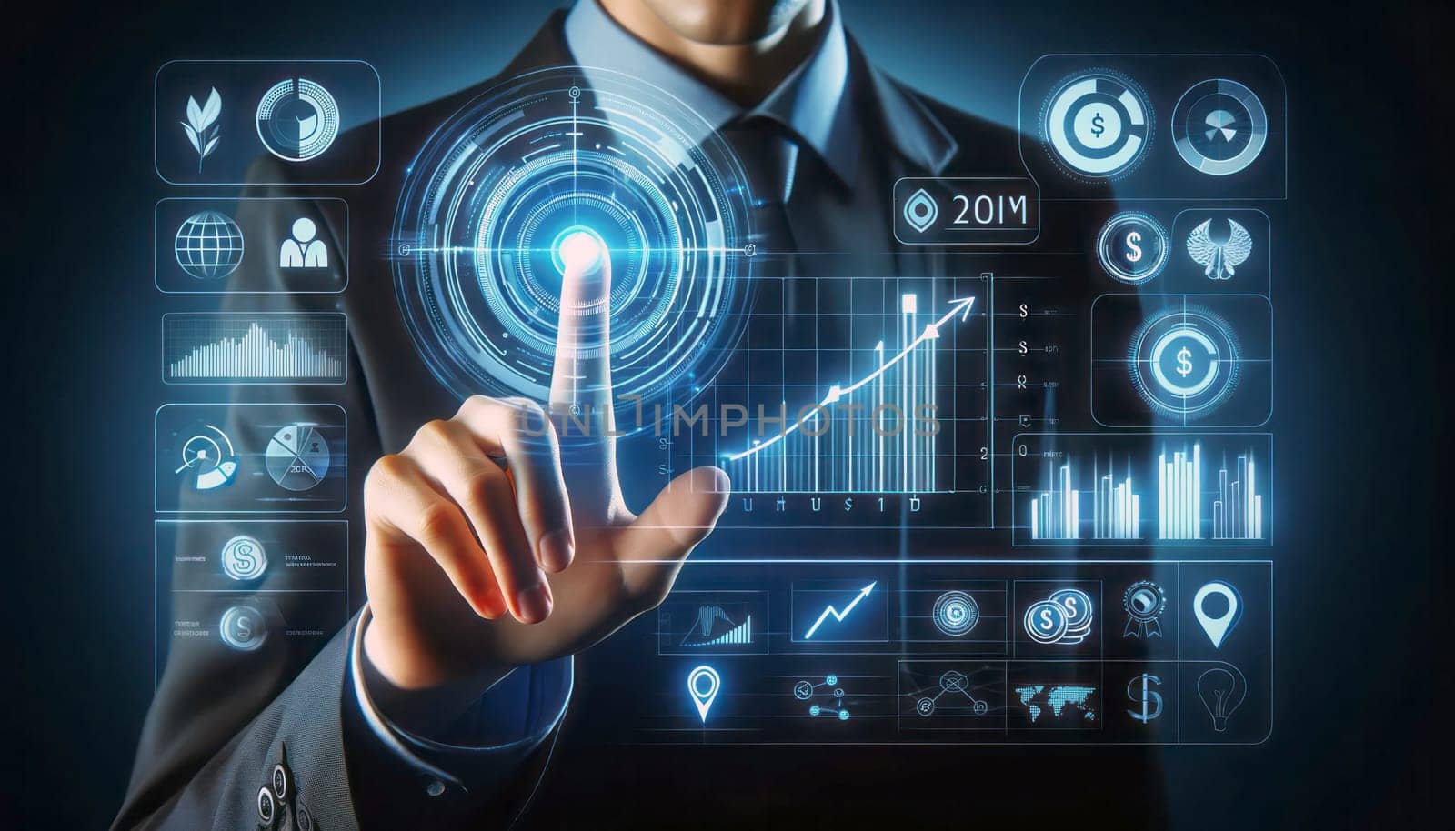 A digital business concept image. A person in a business suit is interacting with a futuristic, transparent touch screen. The screen is displaying various financial and business icons such as targets, analytics, currency, and an upward trend arrow. The most prominent icon is a bar chart labeled 'ROI' (Return on Investment). The person is holding a stylus and is in the process of touching the ROI icon. The icons are all in a bright blue hue, glowing against a dark background, giving a high-tech feel to the image. The person's face is not visible, focusing the viewer's attention on the hand and the screen.