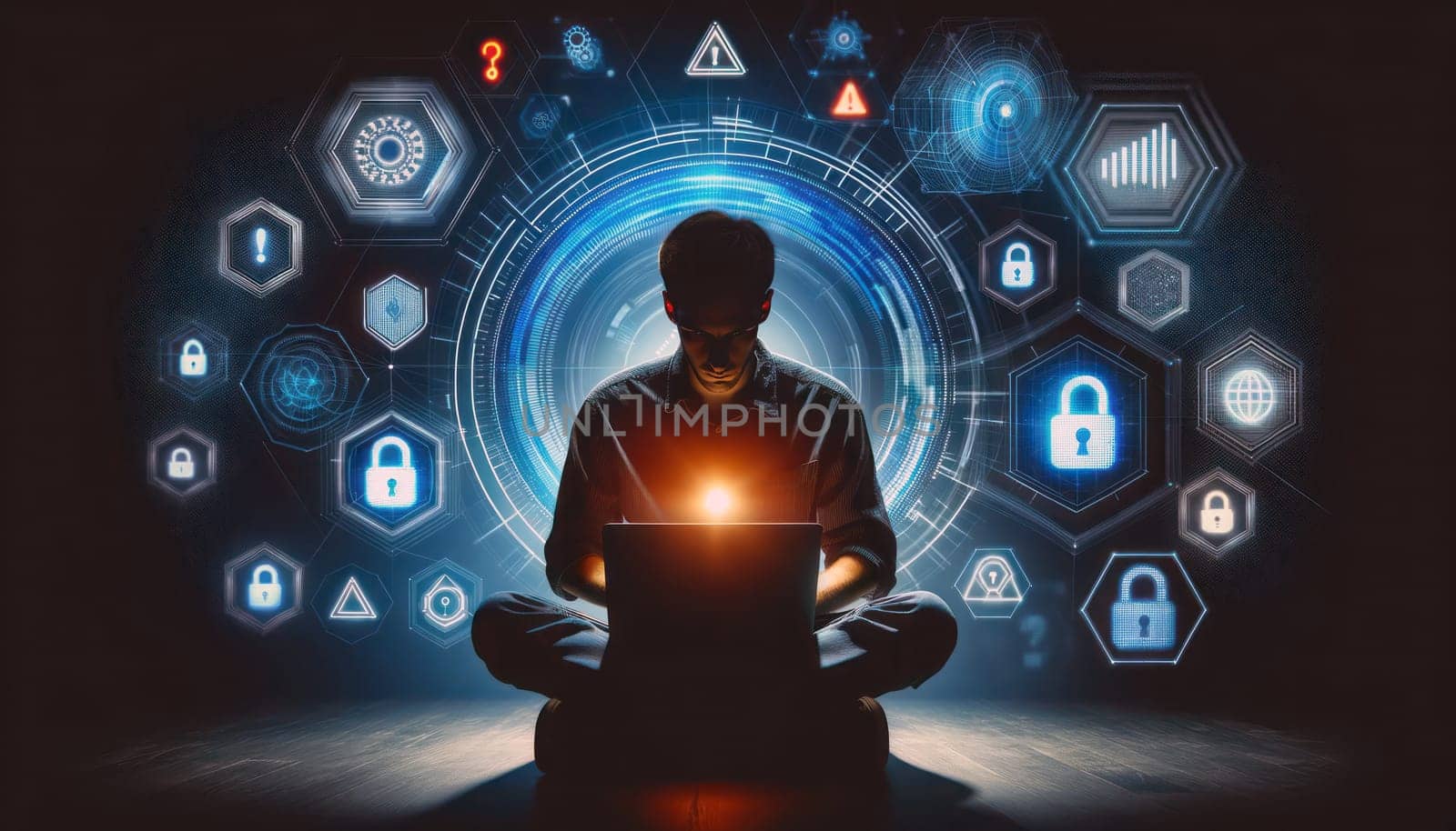 A digital composition of cyber security concept. There is a person sitting in the dark, visible only as a silhouette from the chest up, looking at a laptop screen with floating digital holograms. The holograms depict various cybersecurity symbols like warning signs, padlocks, and graphs with up and down trends in blue and orange color. The background is completely dark and the only light source is the glowing hologram. The person wears a casual shirt and their hands are on the laptop.