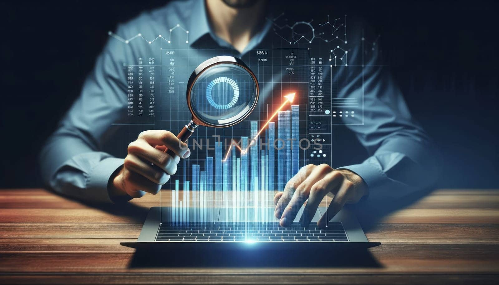 A digital image depicting a concept of data analysis. A person in a blue shirt is seated, examining a laptop screen with a magnifying glass, indicating scrutiny or detailed analysis. The laptop displays a virtual 3D bar graph with rising stats, glowing and floating above the keyboard, symbolizing the analysis of financial data or metrics. The bars are in shades of blue and orange, with clear numerical values indicating growth. The person's hands, magnifying glass, and the top part of the laptop are in focus in the foreground, while the background remains dark and blurred to emphasize the subject.