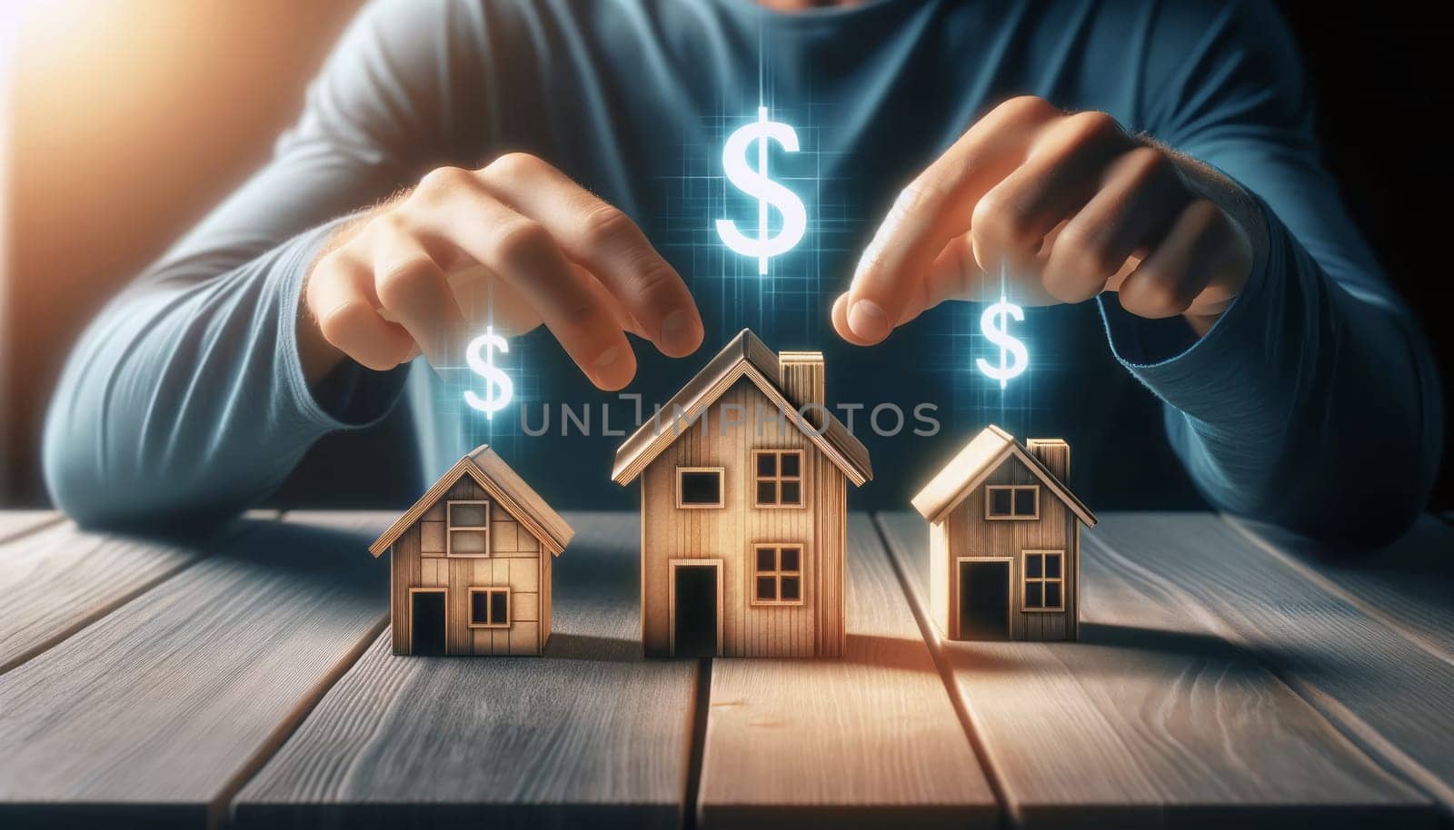 A digital image representing the concept of real estate investment. In the foreground, there are three small wooden house models on a table, symbolizing property or real estate. Above each house, floating dollar signs are digitally superimposed, indicating their monetary value or the concept of investment and finance in housing. In the background, a person's hands hover over the houses, with a blue long-sleeve shirt visible, suggesting the action of choosing or protecting the investment. The background is blurred to keep the focus on the hands and the houses. The color palette is warm with the wooden texture of the houses contrasting against the blue of the shirt and the neutral color of the table.