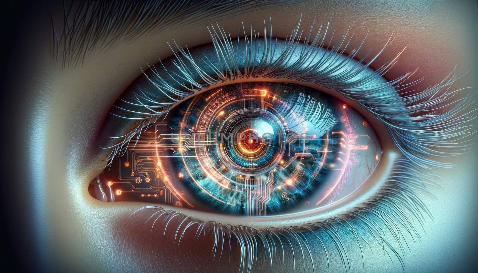 A close-up digital illustration of a human eye, detailed and realistic in appearance. The iris of the eye is replaced with a glowing, intricate cybernetic interface, suggesting advanced technology integrated with human biology. The design includes elements such as circuit patterns, digital readouts, and dynamic light effects in shades of blue and orange, highlighting the fusion of the organic and the electronic. The eyelashes and skin textures are sharp and clear, adding to the realism of the image.
