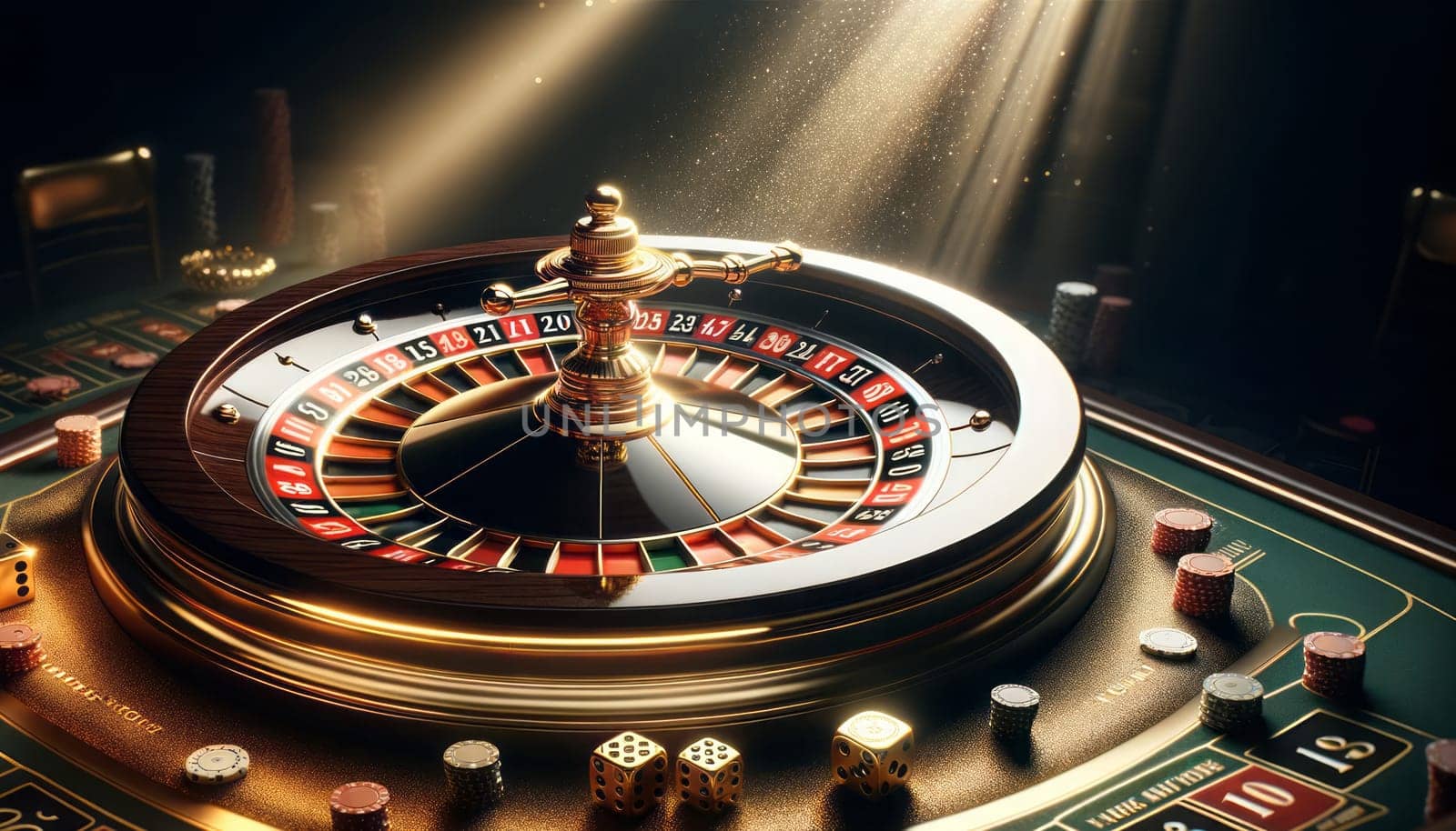 A digital illustration of a luxurious roulette wheel in a casino setting. The wheel is highly detailed, with shiny gold and black finishes, and the numbers are clearly visible. There's a dramatic light casting over the spinning wheel, creating a spotlight effect and highlighting the motion. The ambient is filled with the glint of small particles that resemble the sparkling atmosphere of a high-end casino. In the foreground, two dice and casino chips are subtly visible, suggesting an ongoing game. The background is dark, focusing all attention on the roulette wheel itself.