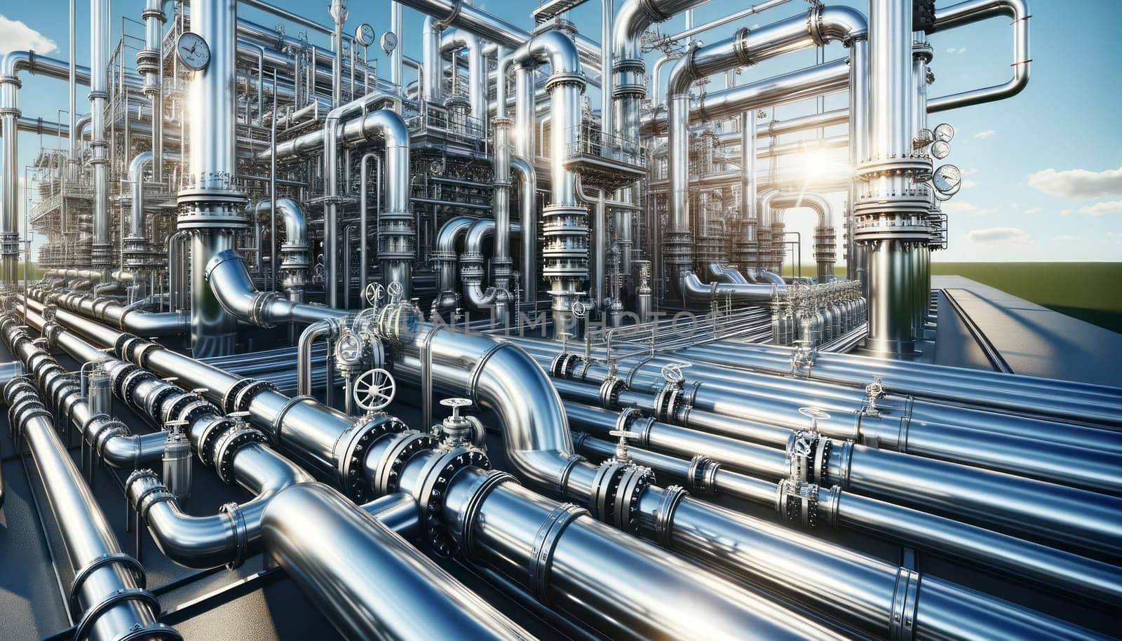 A digital illustration of a complex network of industrial pipes at a processing plant. The image showcases shiny metal pipes with various diameters interconnected and running in different directions. Valves and pressure meters are visible on the pipes, indicating control points in the system. The infrastructure is set against a clear blue sky with a few clouds, suggesting an open-air environment. The sun casts highlights and shadows on the metal surfaces, giving the pipes a gleaming appearance. This scene represents a high-tech, clean energy facility.