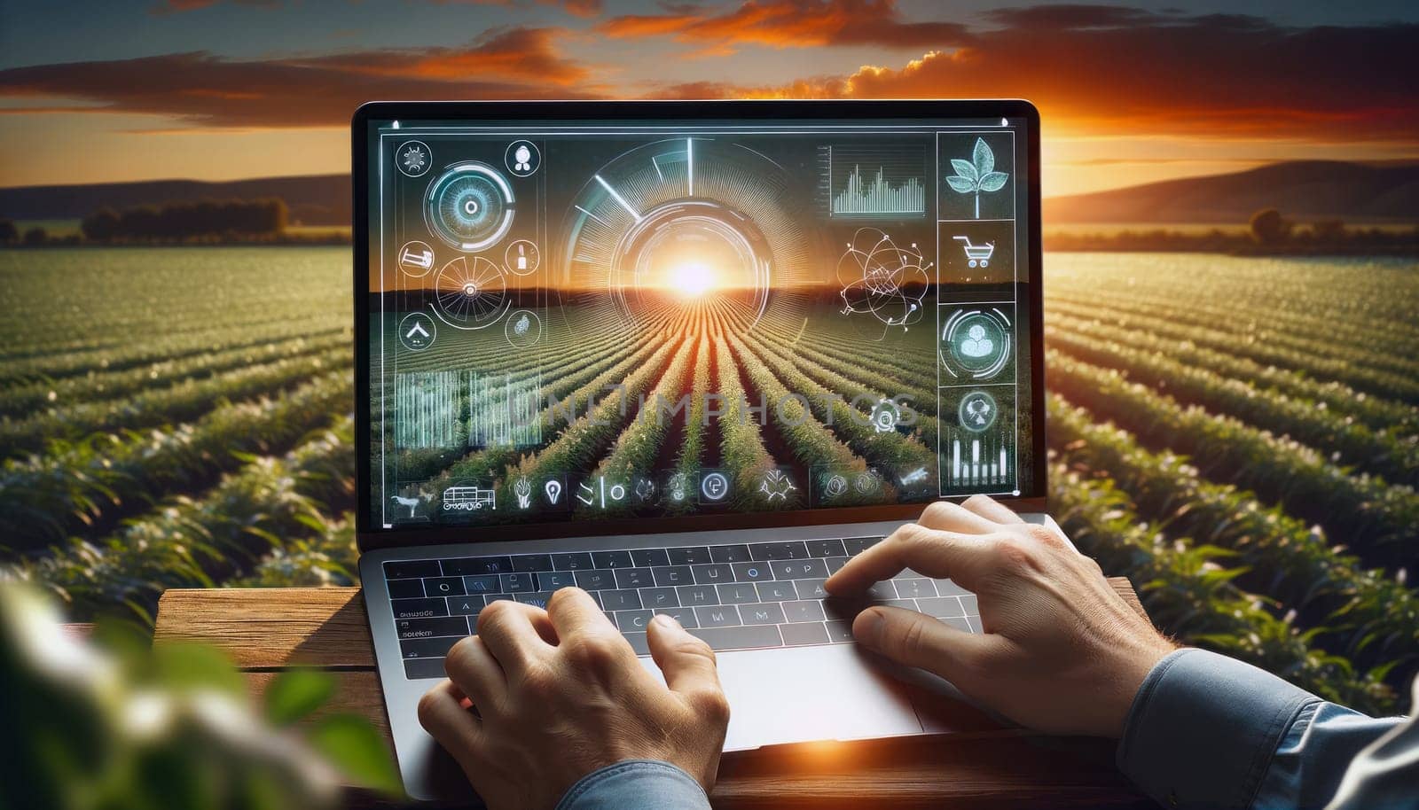 A digital illustration of a modern agriculture concept with a person using a laptop displaying futuristic farming technology. The laptop screen shows graphical interfaces and data analytics related to crop health and farming operations overlaying an image of a lush farm field at sunset. The user's hands are visible on the keyboard, with one hand navigating the touchpad. The backdrop is an outdoor setting with a warm glow of the setting sun over the horizon, casting a soft light on the surroundings, blending technology with nature.