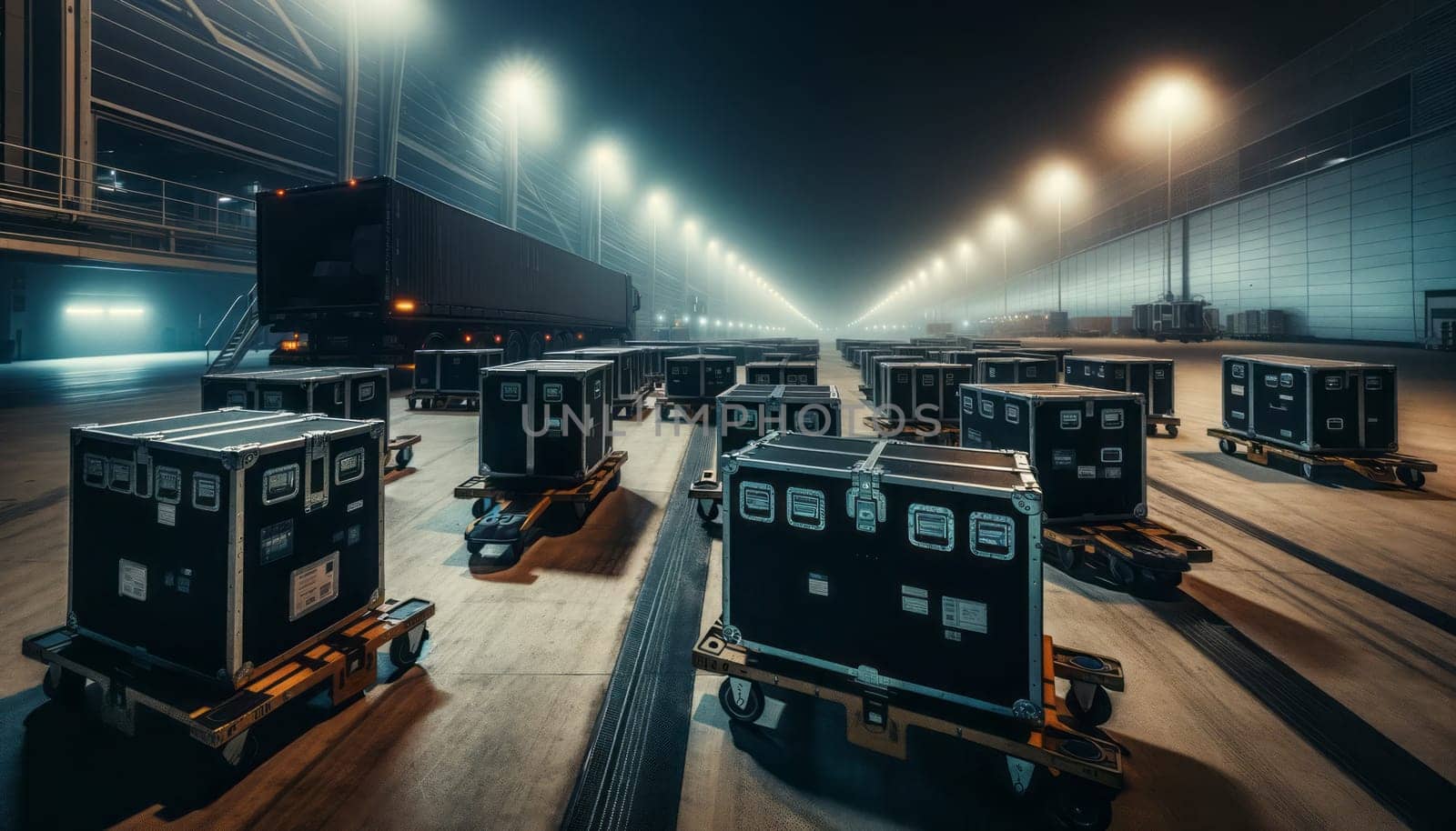 A wide-angle night photography of a logistic area with large equipment cases on dollies, ready for loading or just offloaded. The scene is illuminated by the harsh artificial lighting from street lamps and building lights, casting deep shadows and creating a moody atmosphere. The equipment cases are black with metal trim and look rugged and heavy-duty. In the background, there's the faint silhouette of a warehouse or event venue, with a soft mist or fog adding to the nocturnal ambience. The ground is concrete, reflecting the lights and contributing to the industrial feel of the setting.