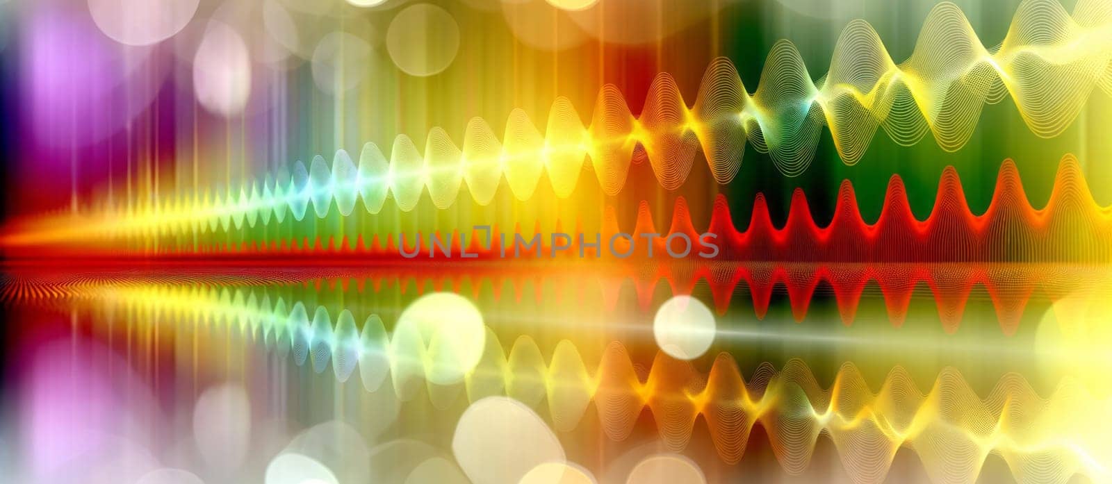 A wide digital illustration featuring an abstract visualization of sound waves or frequency patterns. The image depicts a sequence of semi-transparent, sinusoidal waves undulating across a reflective surface. These waves transition through a vibrant color gradient, starting with warm oranges and reds, moving through yellows and greens, and ending in cool blues and purples. The background is bright and slightly overexposed, with bokeh effects where floating, out-of-focus orbs of matching colors add depth to the scene. The overall impression is one of rhythm, energy, and the beauty of spectrum colors in a clean, modern composition.