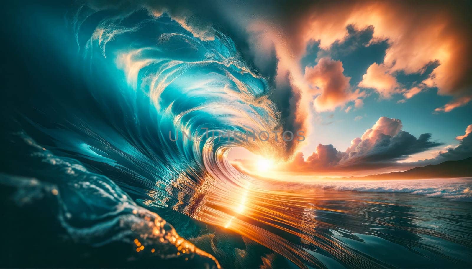 A wide-angle photography capturing a majestic wave during sunset. The image showcases the vibrant and dynamic wave in the foreground with a powerful curl and spray, tinted with shades of deep blue and turquoise. The sunlight filters through the wave, creating a bright, translucent area that reveals the motion of the water. The sky above is a dramatic backdrop with fiery orange and soft pink clouds, hinting at the setting sun on the horizon which casts a warm golden glow over the scene. The ocean's surface reflects the colors of the sky, completing this breathtaking moment of natural beauty.