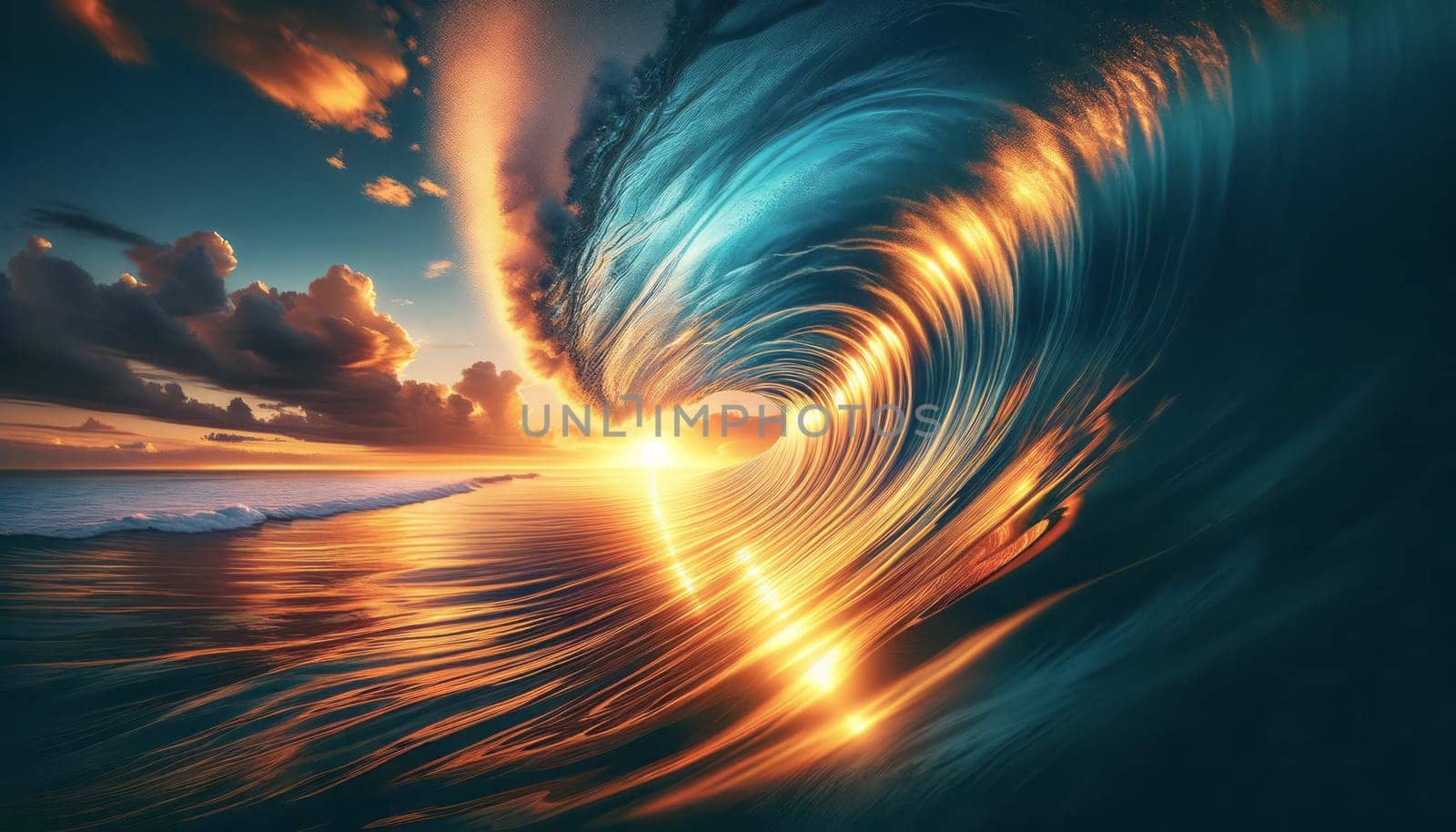 A wide-angle photography capturing a magnificent ocean wave at sunset. The wave is curving and forming a tube, with the sunlight streaming through its crest, creating a luminous effect. The colors are vivid, with the deep blue of the sea contrasting with the fiery oranges and yellows of the sunset sky. The sun is low on the horizon, partially obscured by the wave, and its reflection on the water's surface adds a golden path leading to the horizon. Clouds are visible in the sky, dyed in shades of orange by the setting sun, contributing to the dramatic and beautiful seascape.