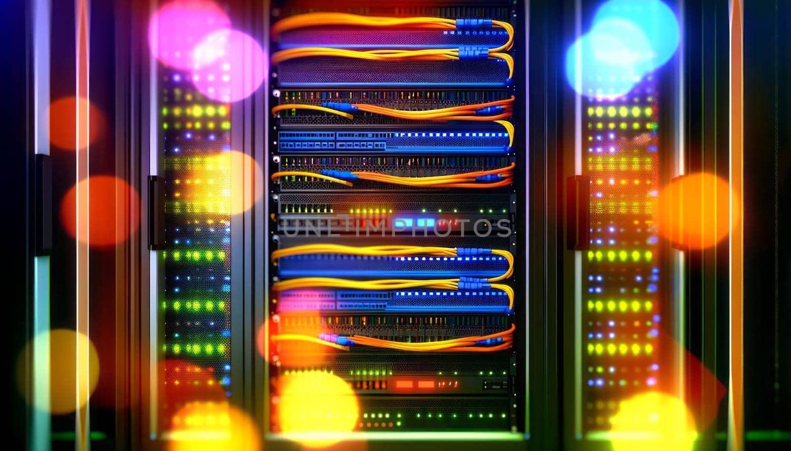 A wide digital illustration of a server room in a data center with a vibrant and colorful display of lights. The racks are filled with various equipment including servers, switches, and cables. The cables are neatly organized and illuminated with neon-like LED lights in colors such as orange, yellow, and blue, creating a high-tech and futuristic atmosphere. The lighting creates a vivid contrast against the dark background of the equipment, highlighting the complexity and modernity of the technology. There's a soft glow and bokeh effect on the lights, suggesting activity and connectivity within the network infrastructure.