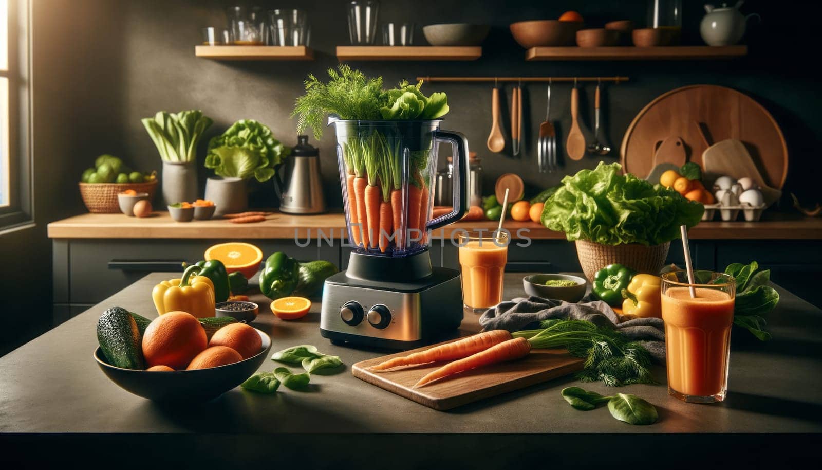 A wide photography of a modern kitchen scene focused on a blender filled with fresh carrots and green leaves, suggesting the preparation of a healthy drink. On the dark kitchen counter, there are whole carrots with tops, glasses of orange juice, and various fresh vegetables like green lettuce, yellow bell peppers, and leafy greens in the background. Nearby, there's a bowl with more oranges. The lighting is soft and warm, creating a homey atmosphere, and the arrangement suggests a focus on healthy, natural foods. The overall scene communicates a sense of wellbeing and healthy lifestyle choices.