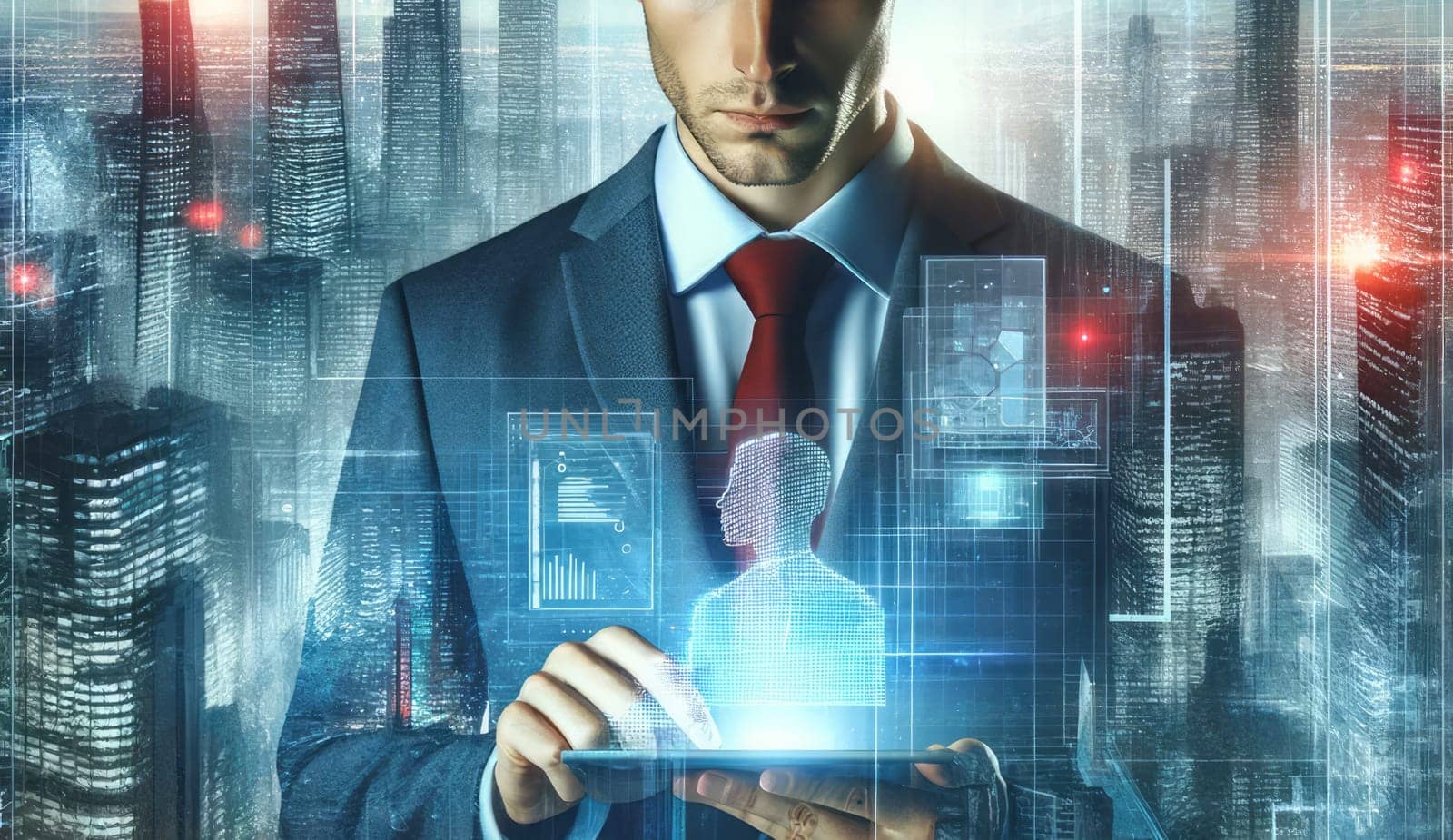 A digital illustration of a man in a suit standing in a futuristic cityscape. The man is intently looking at a transparent digital tablet that displays data and graphs, indicating advanced technology. The city around him is a blend of real and digital, with skyscrapers overlaid with digital grids and lights, signifying a high-tech metropolis. The atmosphere is one of a busy, data-driven environment with a cool blue and red color scheme that adds to the digital, cybernetic feel of the setting.