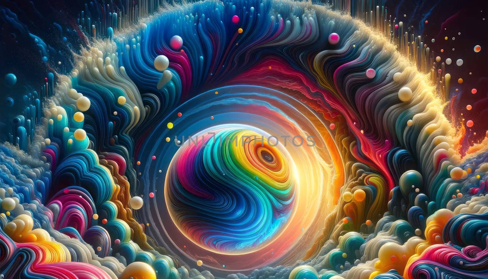 A wide digital illustration of a colorful, abstract scene with a bubble-like structure at the center. The structure has a swirled pattern with vibrant colors, creating a psychedelic effect. The colors inside the bubble are vivid and appear liquid, with blues, greens, yellows, oranges, and pinks blending into each other. Outside the bubble, the colors extend into the surroundings in a wavy, fluid motion, suggesting movement and energy. The background has darker tones that enhance the brightness of the colors, giving the impression of a cosmic or underwater scene filled with light and movement.