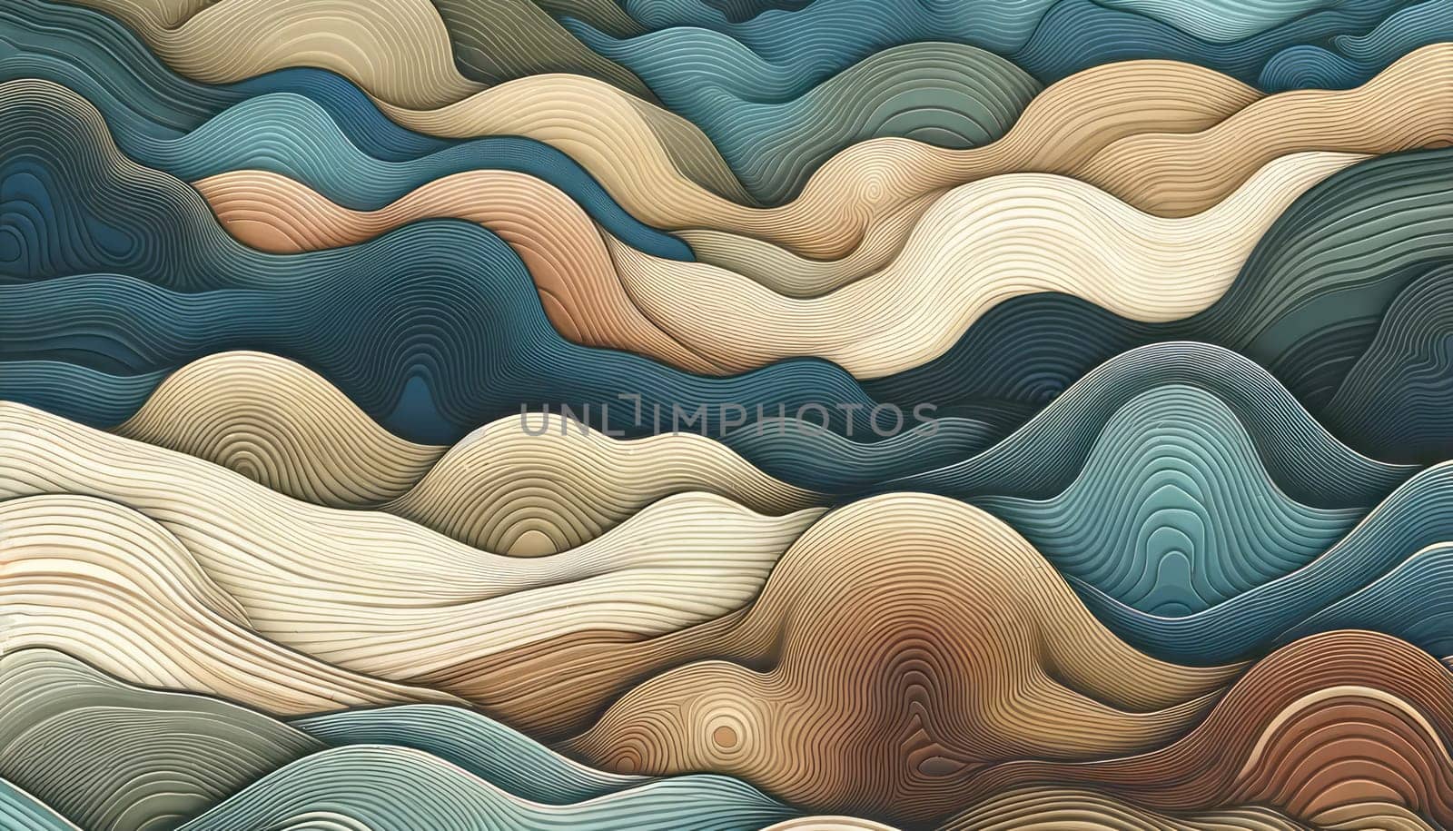 A wide digital illustration of abstract, wavy layers resembling a topographical map. The image features a blend of earthy tones, ranging from sandy beige to deep ocean blue, creating a landscape of rolling hills and valleys. The design has a natural and organic feel, with the varying shades providing a sense of depth and dimension. The waves are smooth with a subtle texture that suggests layers of sediment or the natural gradation found in geological formations. The overall effect is calming and reminiscent of undulating terrain.
