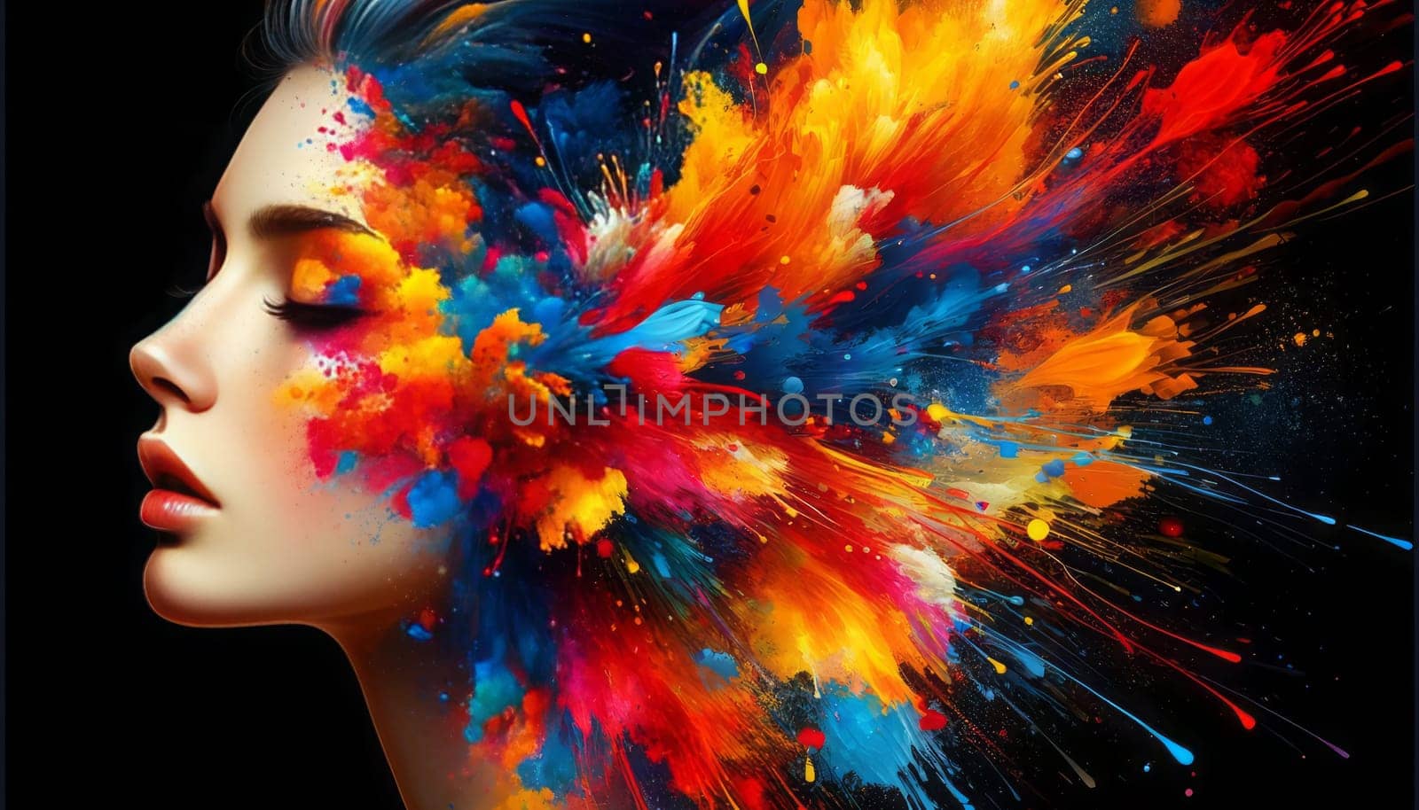 A wide digital illustration of a woman's face with an explosion of vivid colors streaming from one side. The subject's eyes are closed, and her features are serene, providing a stark contrast to the dynamic and vibrant splashes of paint. The colors include bright reds, deep blues, sunny yellows, and fiery oranges, resembling an artistic and chaotic burst of creativity. The colors should appear as if they are in motion, splattered across the subject's face and the background, giving the image a sense of energy and vitality. The overall effect should be both striking and harmonious, blending human beauty with abstract expression.