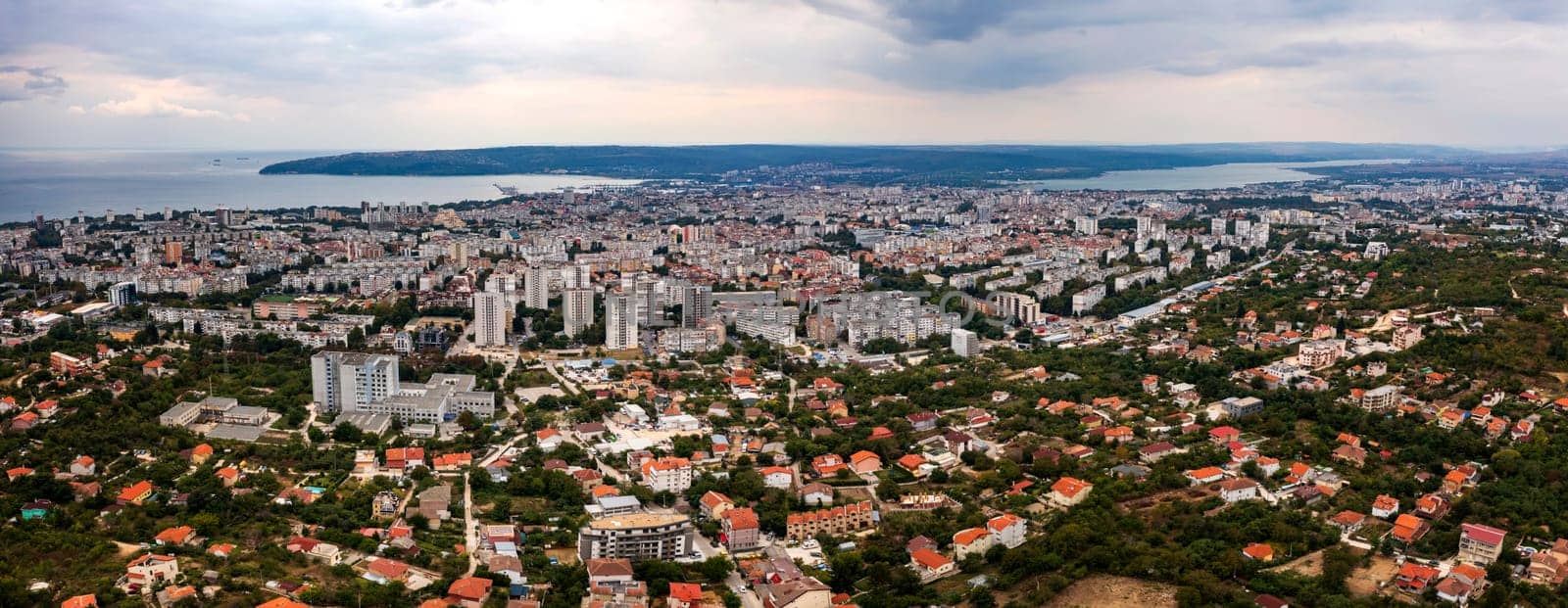 Stunning detailed aerial panorama of Varna city, bay, and lake at sunset by EdVal