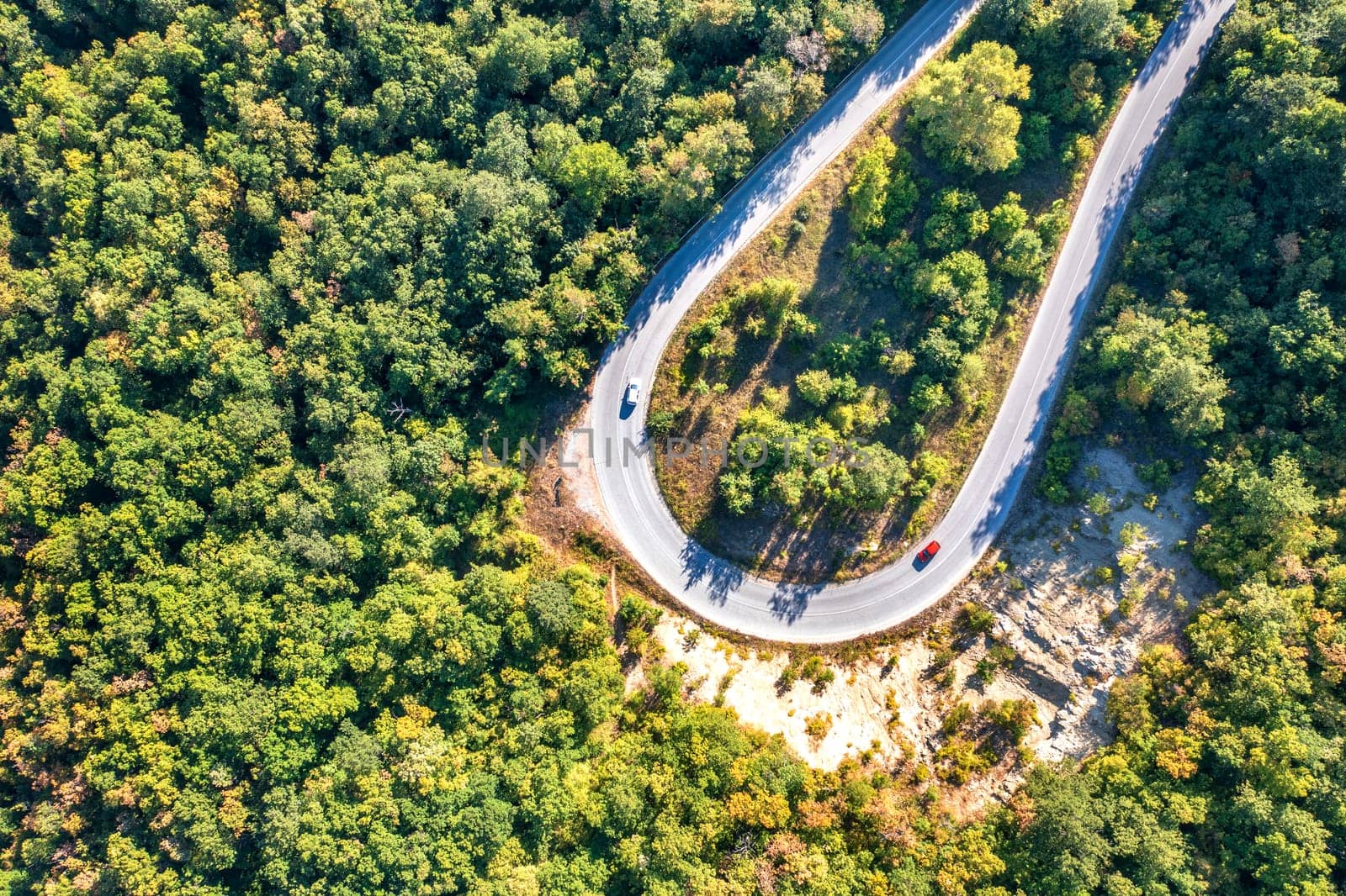 Top view, drone shot of curve of the road  in the pine woods in the mountain