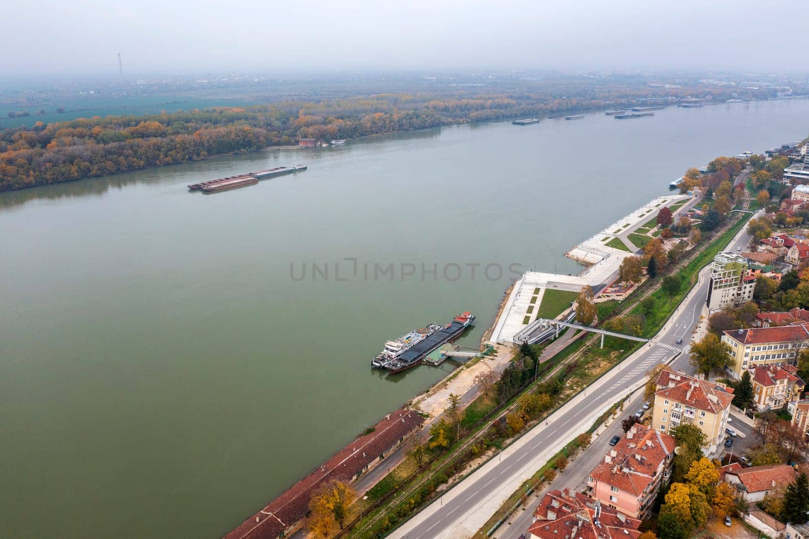 Aerial view of the Danube River and the pier of the City of Ruse, Bulgaria by EdVal