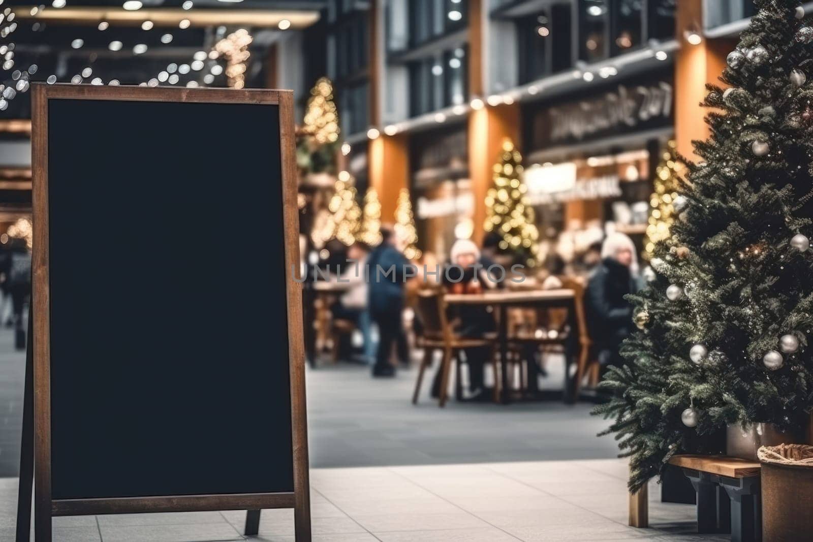 Empty blackboard sign mockup in front of a restaurant. Generative Ai by matamnad