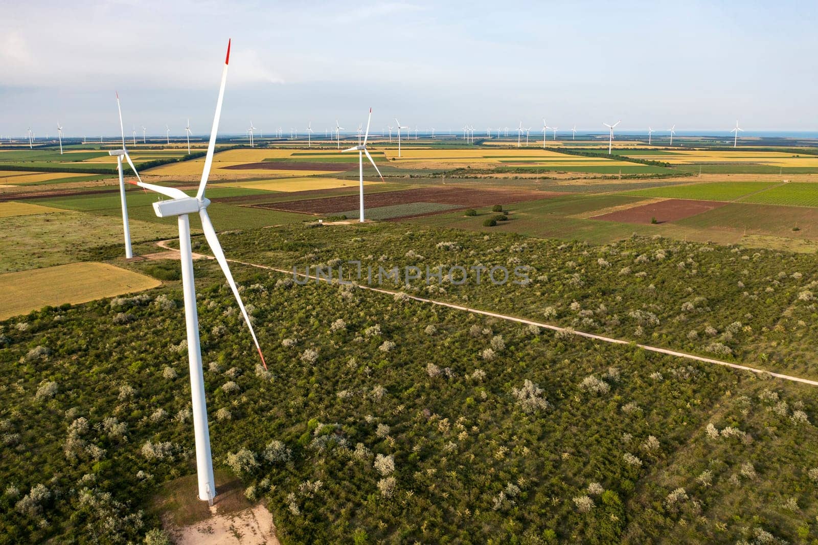 Aerial view at wind turbine farm. Horizontal view