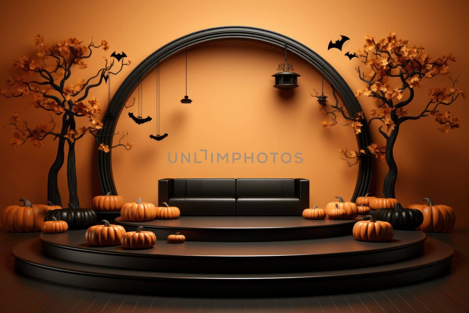 Halloween orange theme product display podium. Happy Halloween celebration concepts. Generative Ai by matamnad