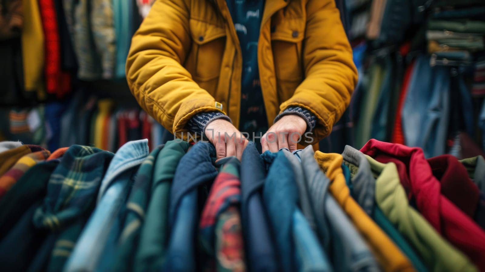 Close-up of a person's hands browsing through a colorful selection of clothing at a vintage fashion store. AIG41