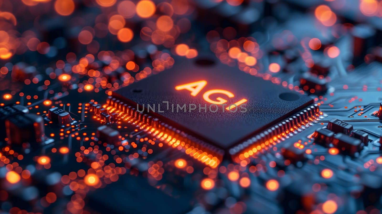 AGI - artificial general intelligence - microchip on black circuit board with orange glow, dedicated AI hardware concept. Neural network generated image. Not based on any actual scene or pattern.