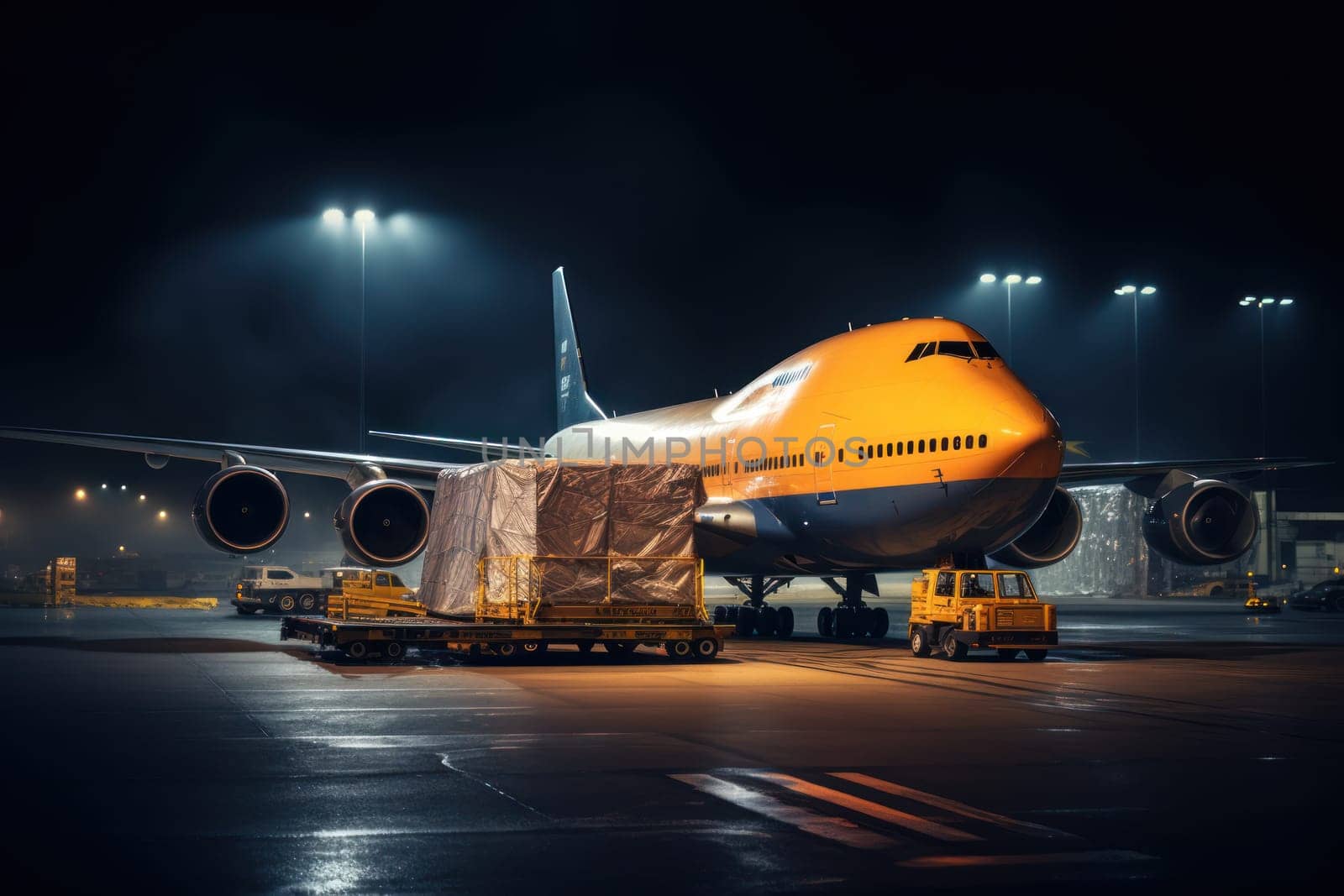 Commercial cargo air freight airplane loaded at airport in the evening, Generative AI by matamnad