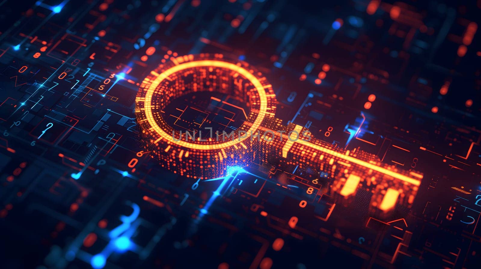 orange holographic key icon on flat glowing futuristic circuit board background by z1b