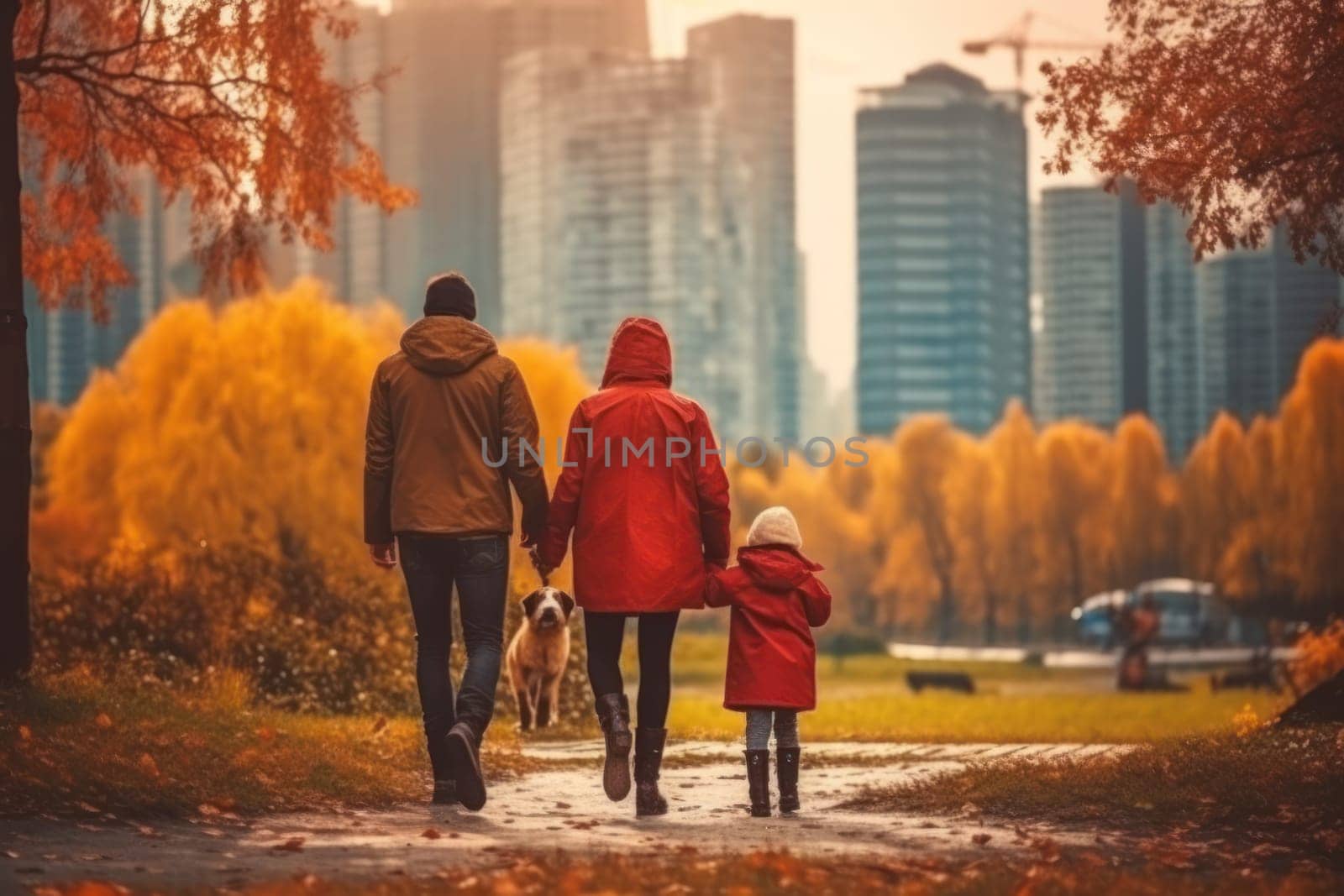 A family walk autumn in the park through a forest. Generative AI. by matamnad