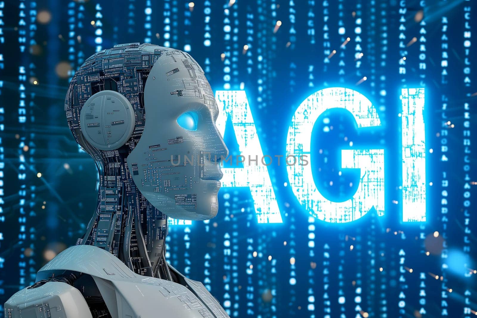 Android head on abstract cybernetic data background with word AGI for Artificial General Intelligence by z1b