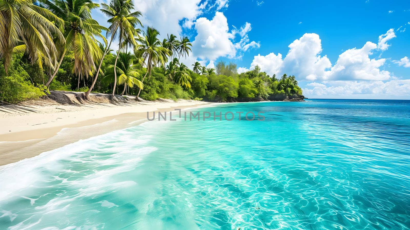 tropical beach view at sunny day with white sand, turquoise water and palm tree. Neural network generated image. Not based on any actual scene or pattern.