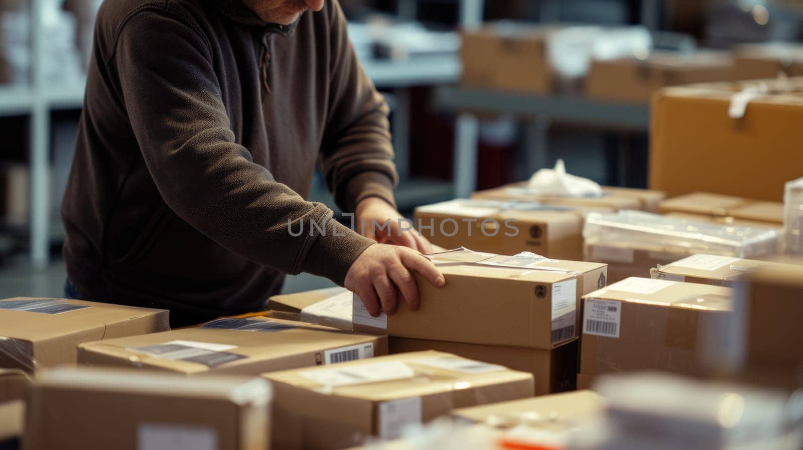 A man is packing hardwood boxes in a warehouse for an event publication. He carefully stacks the wood, making sure each box is solid. AIG41