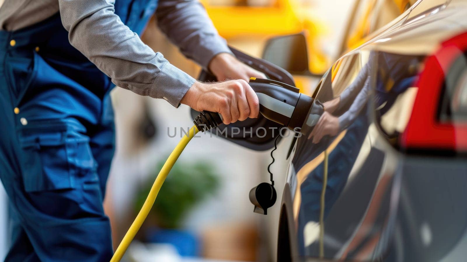 A technician connects an electric vehicle to a home charging station, illustrating the integration of renewable energy in daily life. AIG41